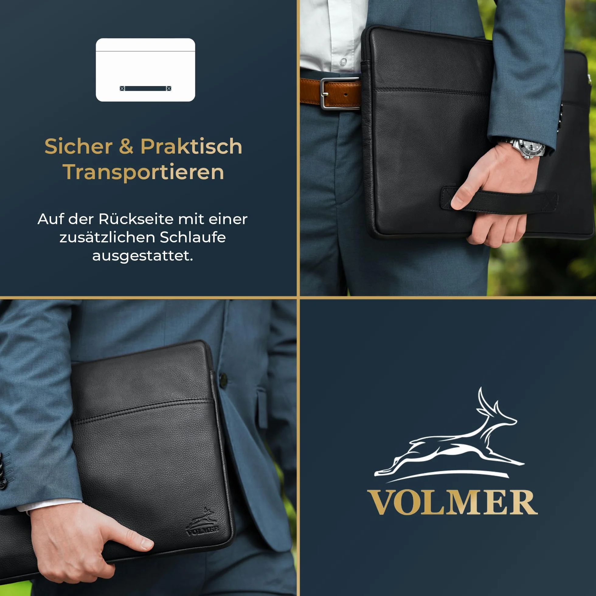 Fa.Volmer ® Etui na laptopa 13,3/15,6 cala ze szlachetnej skóry – brązowe/czarne – z metalowym zamkiem błyskawicznym – wyściełane – do MacBook, Microsoft Surface i wielu innych