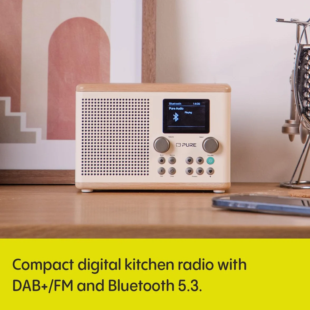 Pure Klasyczne cyfrowe radio kuchenne H4 (Dab+/FM, Bluetooth, USB, AUX, zegar kuchenny, alarm), biała bawełna/dąb