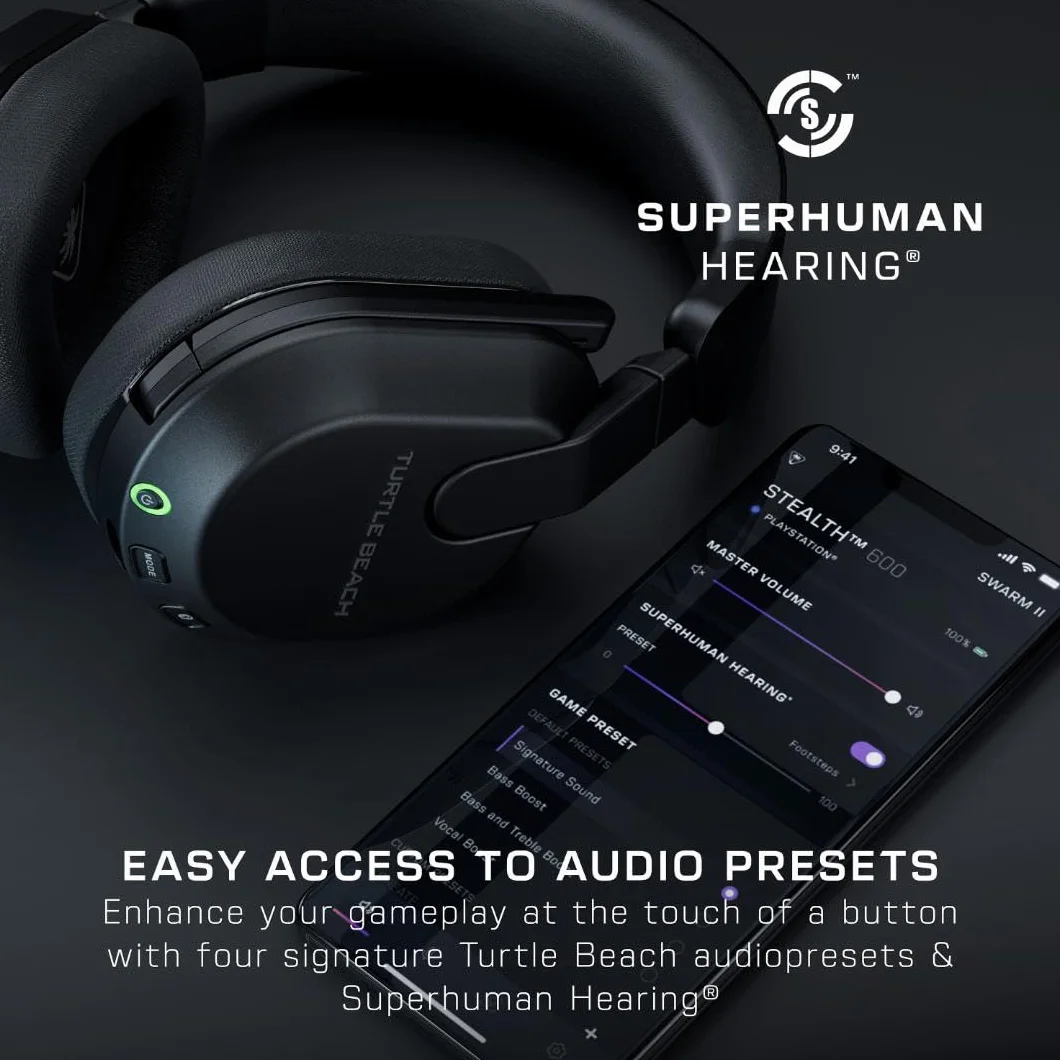 Turtle Beach Stealth 600 Czarny PlayStation Bezprzewodowe Słuchawki Gamingowe w/ 80hr Bateria, Przetworniki 50mm & Bluetooth na PS5, PS4, Nintendo Switch, PC and Mobile