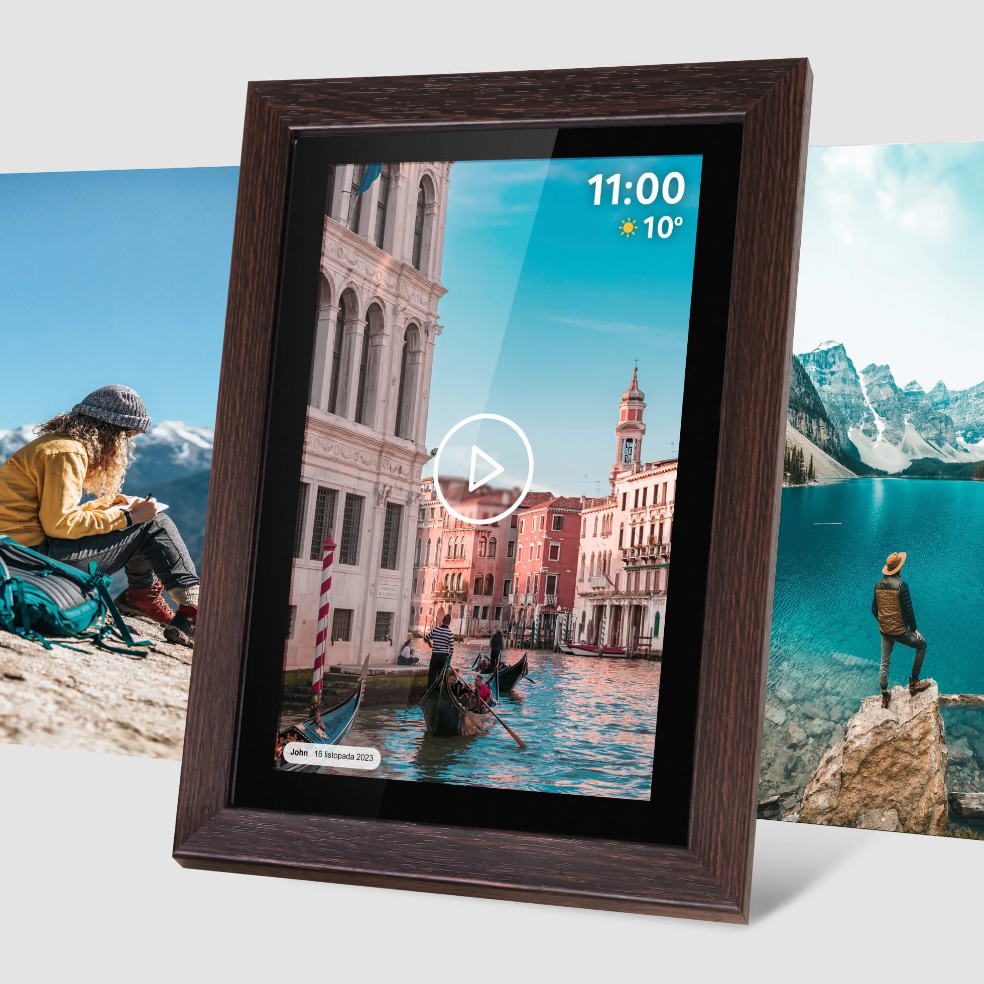 Krüger&Matz Cyfrowa Ramka na Zdjęcia FRAMEO 1920 x 1080 px 15,6" Wi-Fi MicroSD Odtwarzanie Klipów Wideo Timer Pogoda Drewniana Ramka KM1102-15