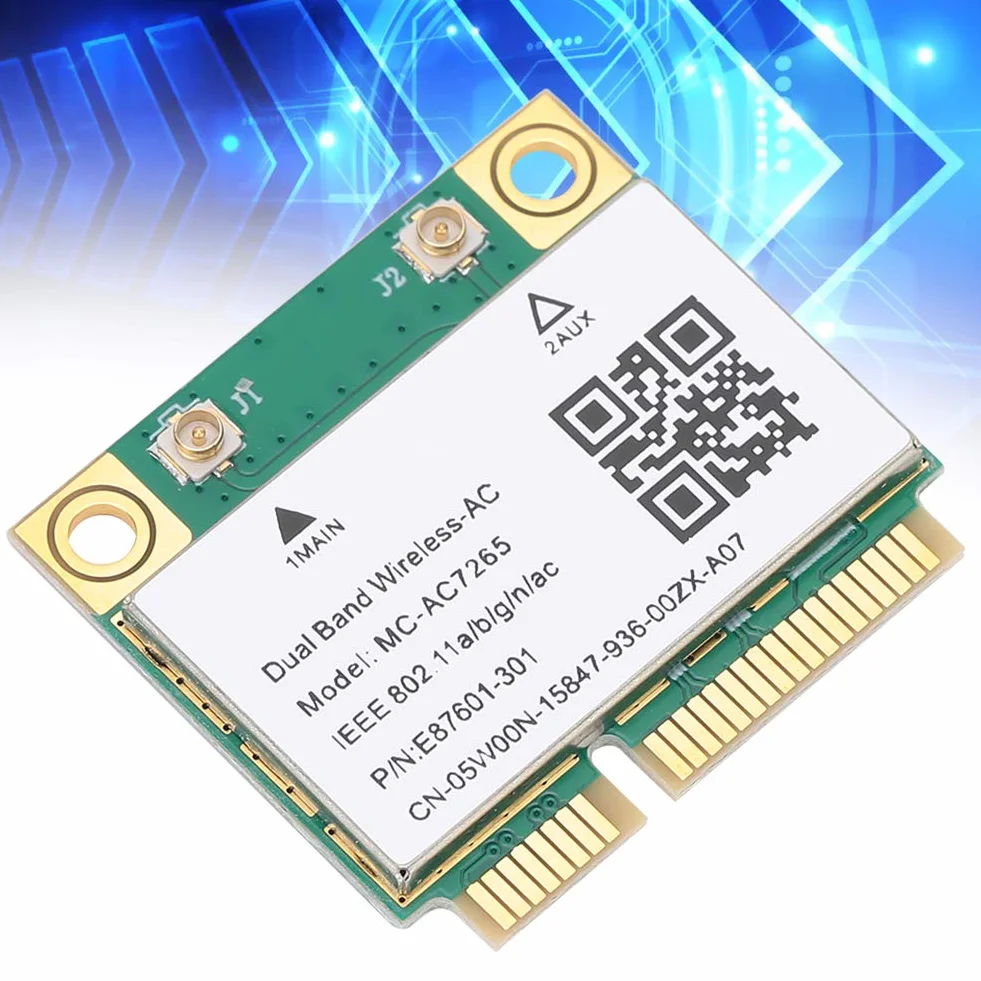 Fdit Sieciowa karta Bluetooth, dwuzakresowy bezprzewodowy adapter WiFi AC 7265, 2,4 G 300 Mb/s/5G 867 Mbps High Speed Bluetooth 4.2, 802.11a/b/g/n/AC PCI-E Half Mini Card