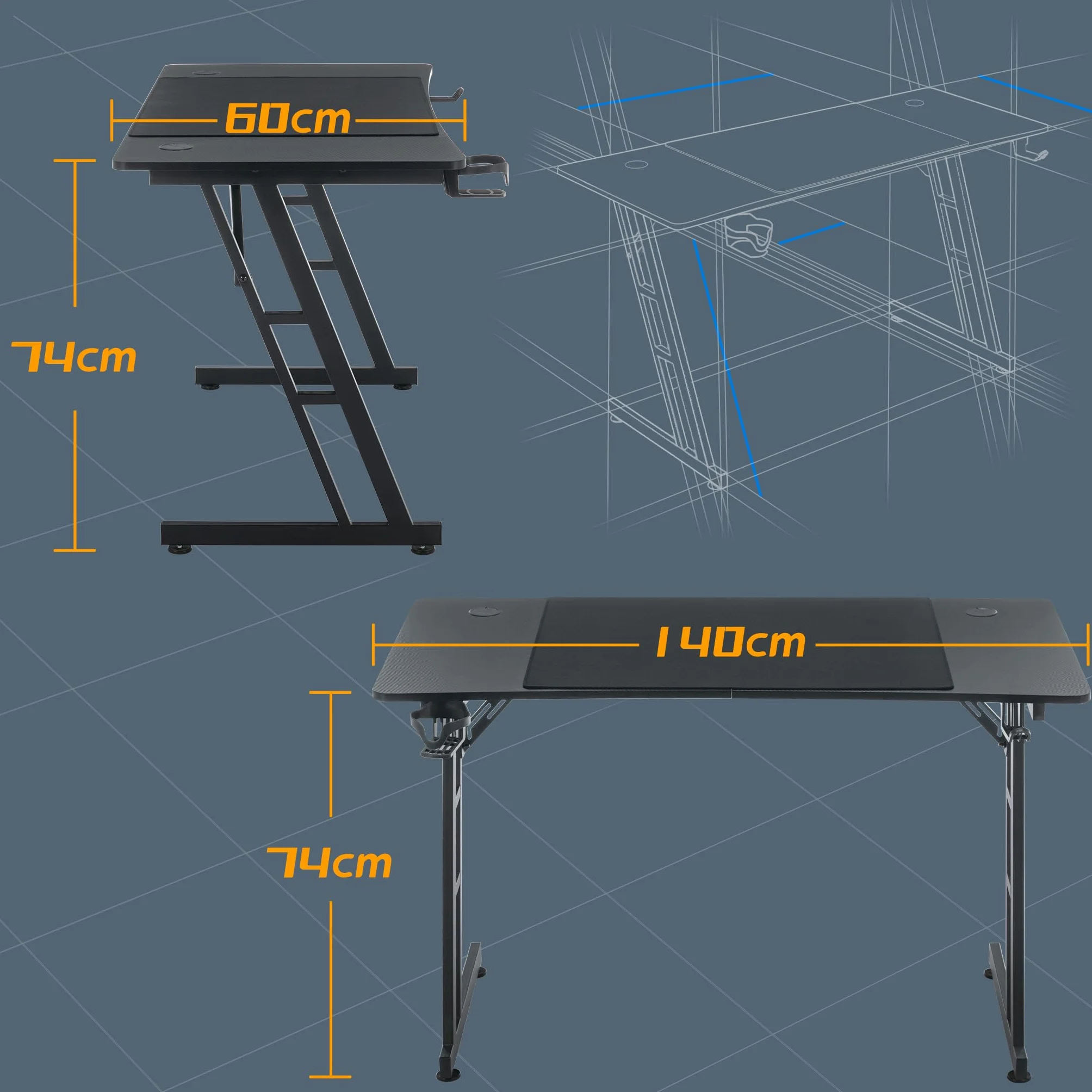 XMTECH 140 x 60 cm stolik gamingowy, biurko z ramą w kształcie litery Z, biurko komputerowe z powierzchnią z włókna węglowego, ergonomiczny stół komputera z hakiem na słuchawki i uchwytem na napoje