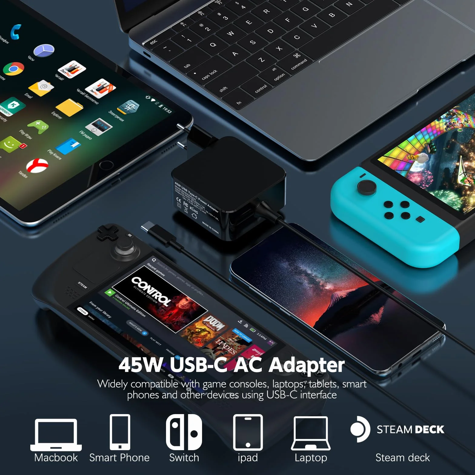Ładowarka 45 W kompatybilna z Nintendo Switch Steam Deck/Lite/OLED, szybka ładowarka USB C 20 V/2,25 A, kabel ładujący 15 V/3 A do telefonów komórkowych typu C