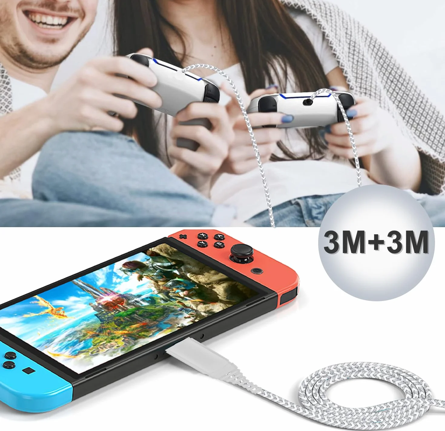 Kabel do ładowania PS5, 3 m, 2 sztuki, USB A na USB C, nylonowy kabel do szybkiego ładowania do kontrolera Playstation 5/Sony PS5 Dualsense, Nintendo Switch, Switch Pro, kabel do transmisji danych, 3