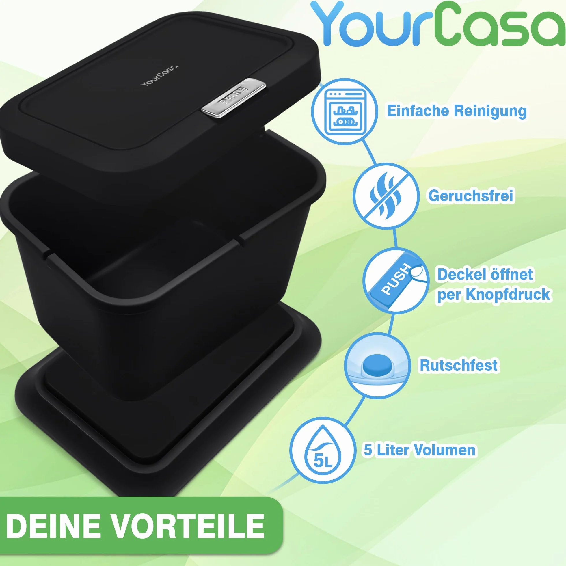 YourCasa Kosz na kompost 5 l – kuchenny pojemnik na odpady żywnościowe – pokrywka otwiera się za pomocą przycisku – mały kosz na śmieci na blacie – pojemnik odporny na zapachy – wewnętrzny