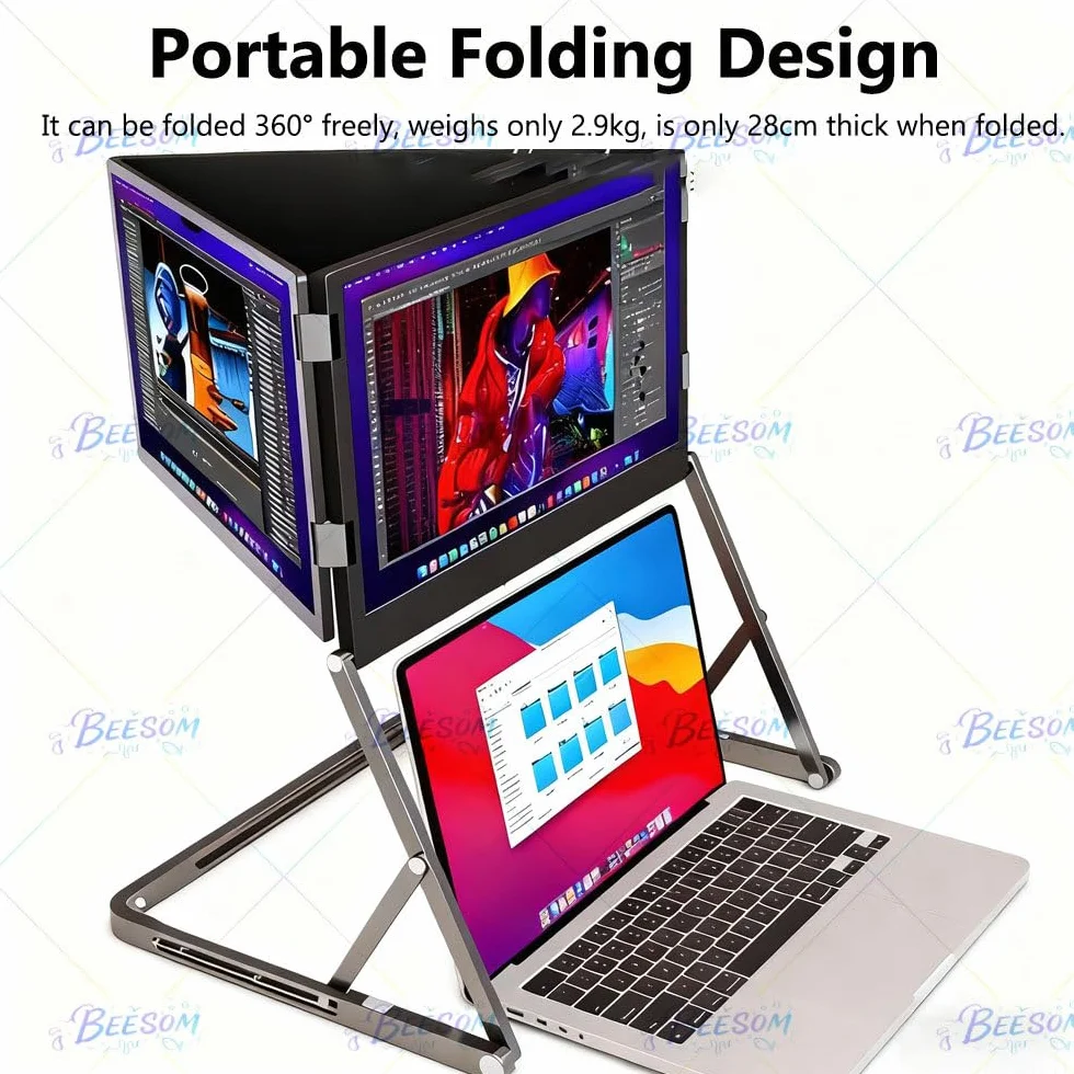 Rozszerzenie ekranu laptopa Quad Screen Extender, 14-calowy przenośny monitor HD 1080p Triple, automatyczna regulacja szerokości + obrót o 360°,funkcja Plug-Play dla laptopów 14-15,6” 15.6in