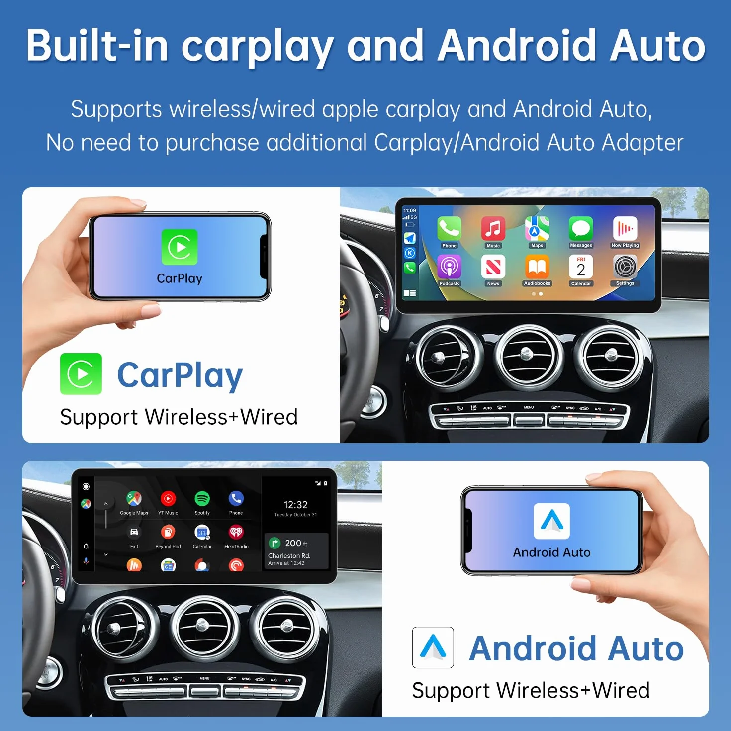 Road Top Ekran CarPlay, 12,3-calowe radio samochodowe stereo dla Mercedes Benz C GLC V W205 z NTG 5.0(2015-2018 rok), radio samochodowe z wąską ramką dla CarPlay/Android Auto