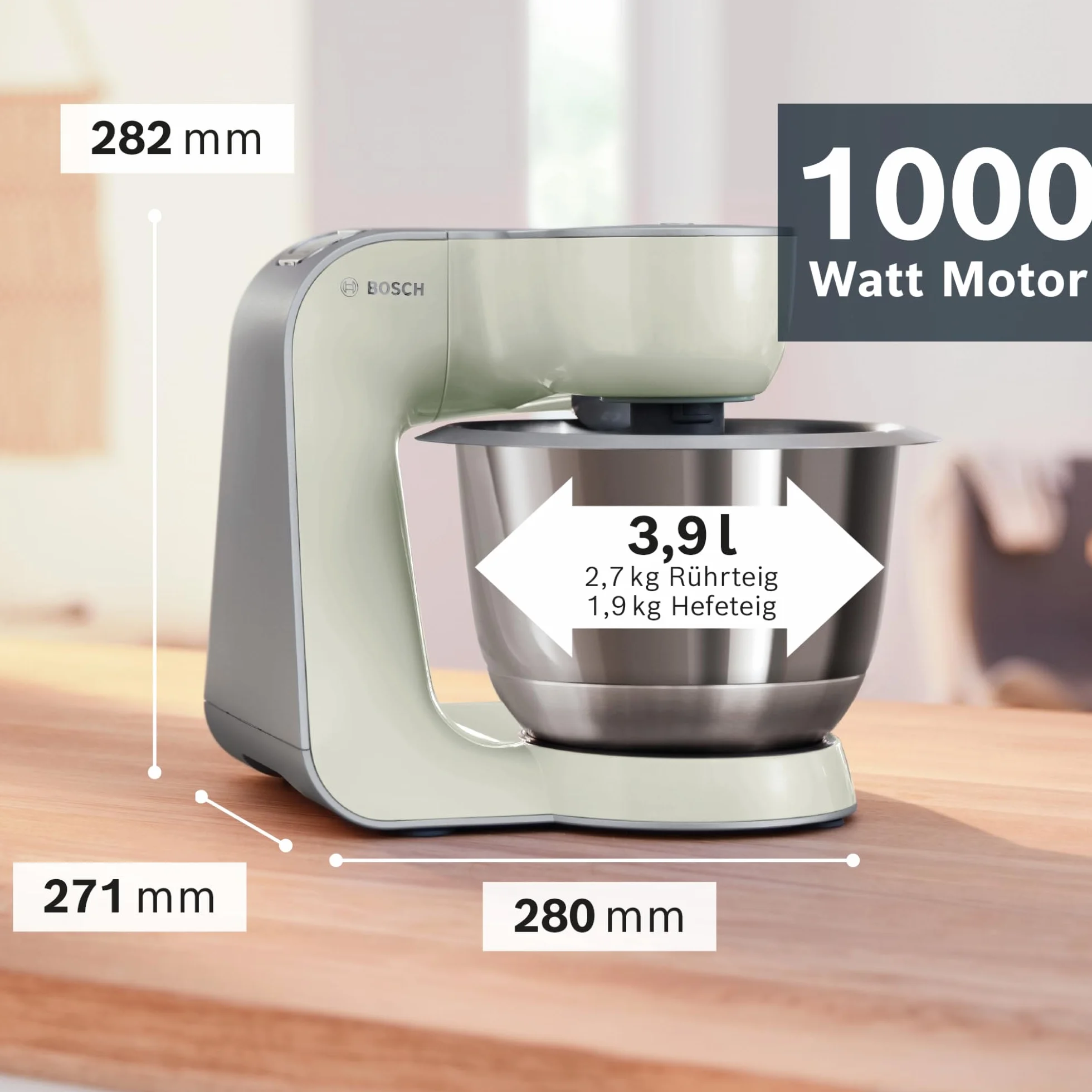 Bosch MUM5 wielofunkcyjny robot kuchenny, 1000W, maszynka do krojenia i ubijania, mikser planetarny, hak do ciasta, rozdrabniacz do owoców i warzyw, misa 3,9l, kolor szary, srebrny, MUM58L20