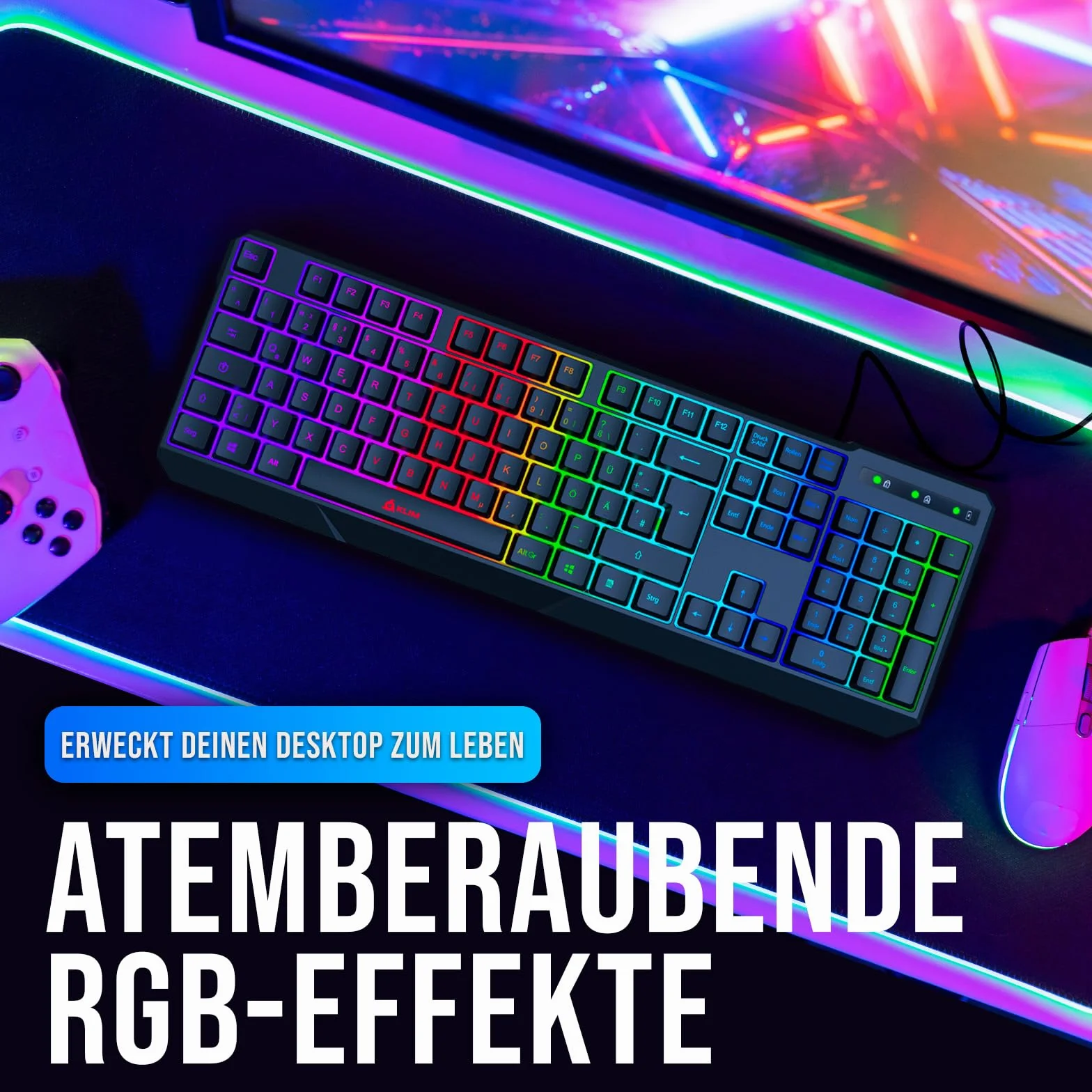 KLIM Chroma klawiatura gamingowa QWERTZ DEUTSCH z kablem USB + nowa wersja 2022 + trwała, wodoszczelna, ciche klawisze + klawiatura gamingowa RGB do PC Mac, Xbox One X, PS4, PS5 + czarna