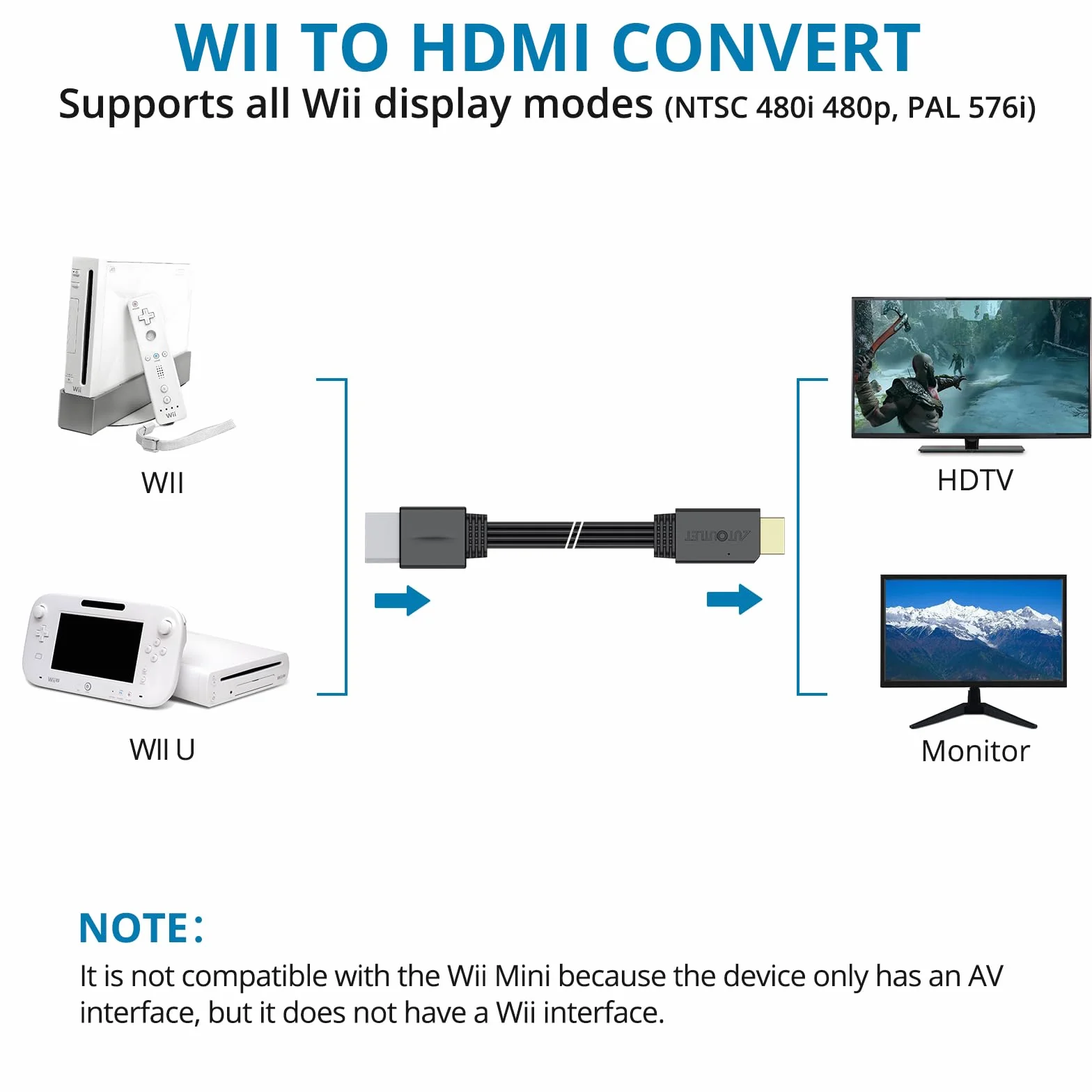 AUTOUTLET Adapter Wii do HDMI, 1080P/720P Konwerter Wii na HDMI, długość kabla 150 cm, obsługuje wszystkie tryby wyświetlania Wii, do telewizora HDTV i monitora, czarny