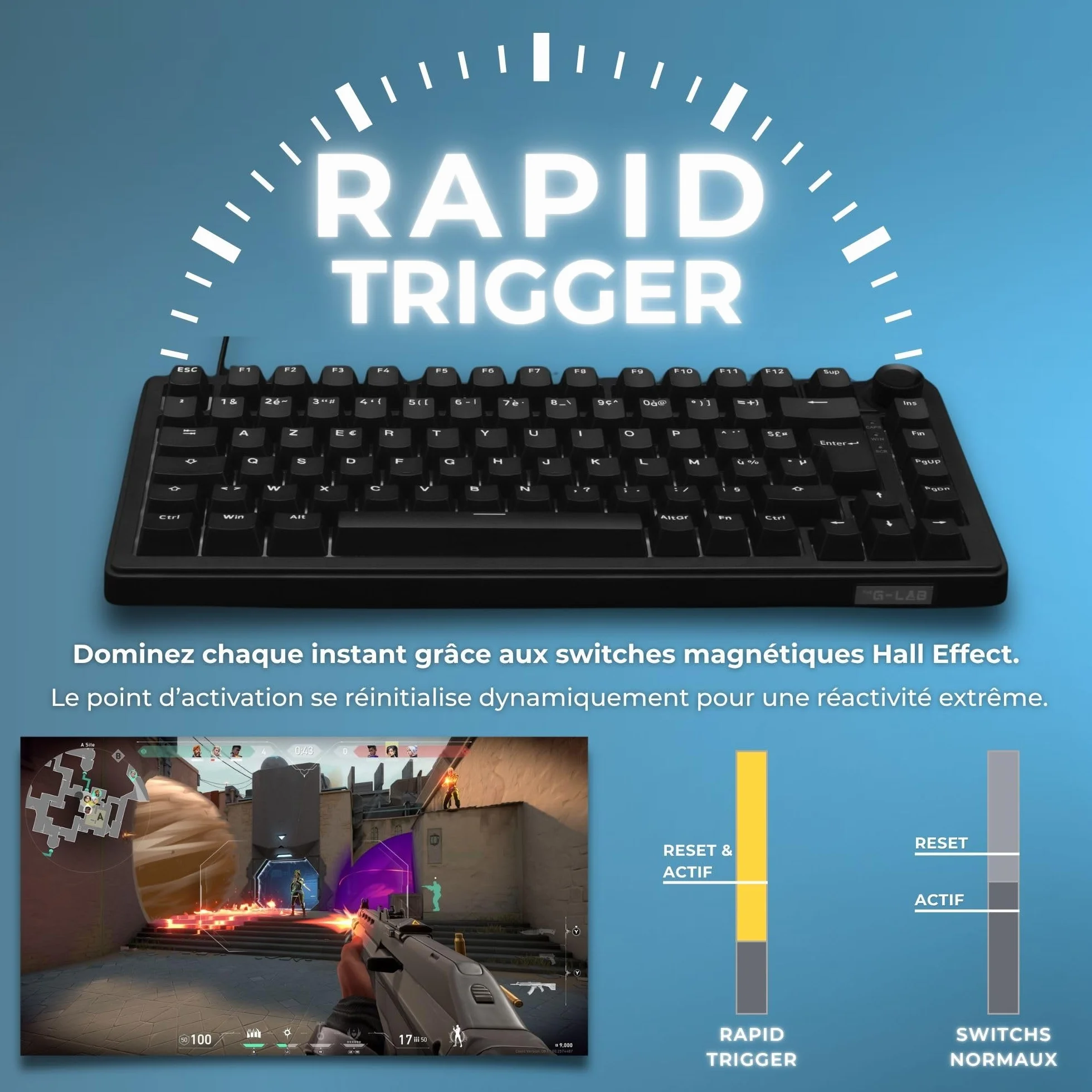 The G-Lab - KEYZ Elite 300 HE Black - Magnetyczna Klawiatura Gamingowa Hall Effect 75% AZERTY FR, Przewodowa USB, 8000Hz Rapid Trigger, Regulowana Aktywacja 0,01mm, PBT Hot-Swap, RGB i Makra - Win/Mac