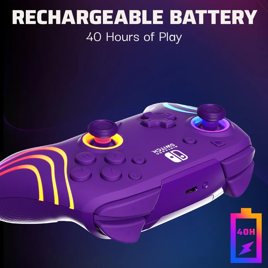 PDP Afterglow Wave Wireless Pro Controller with Full Motion for Nintendo Switch, Nintendo Switch - OLED Model, 8 RGB LED Lighting Zones, 30 Foot Range, 20 Hour Rechargeable Battery Purple