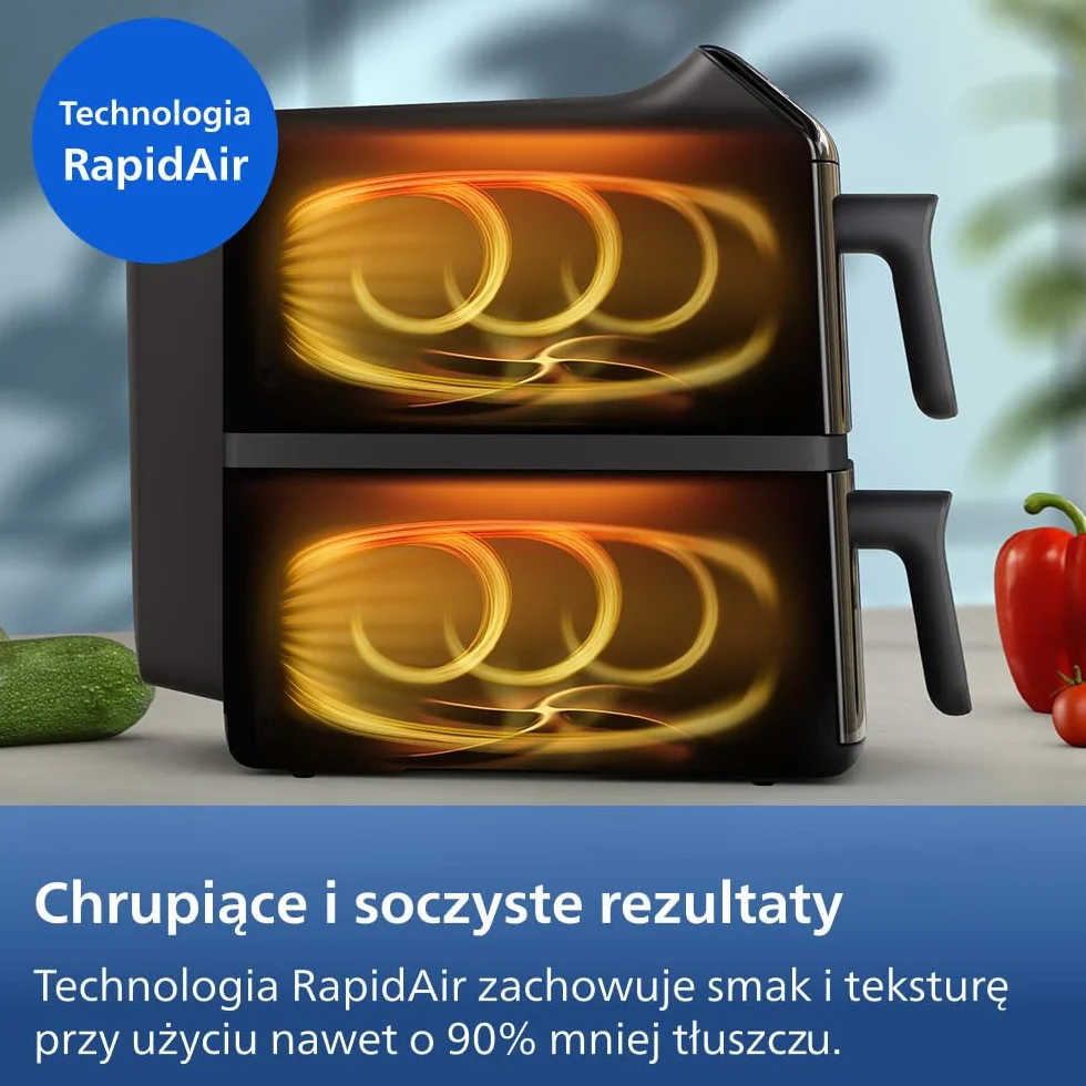 Philips Ovi z serii 4000 z podwójnym koszem 10L – Technologia RapidAir, Synchronizacja, 2 posiłki jednocześnie, 45% mniej miejsca na blacie, Powłoka ceramiczna bez PFAS, Okienka podglądu (NA460/00)