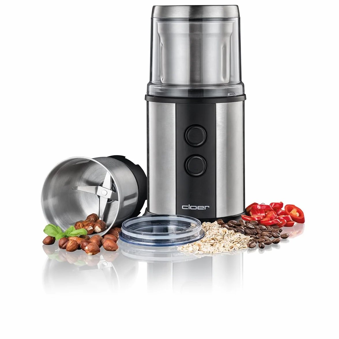 Cloer 7419 Elektryczny młynek do kawy i przypraw z nożem udarowym ze stali nierdzewnej, 350W, 2 wyjmowane pojemniki ze stali nierdzewnej, do pesto, ziół, orzechów i zbóż, do 80 g ziaren kawy