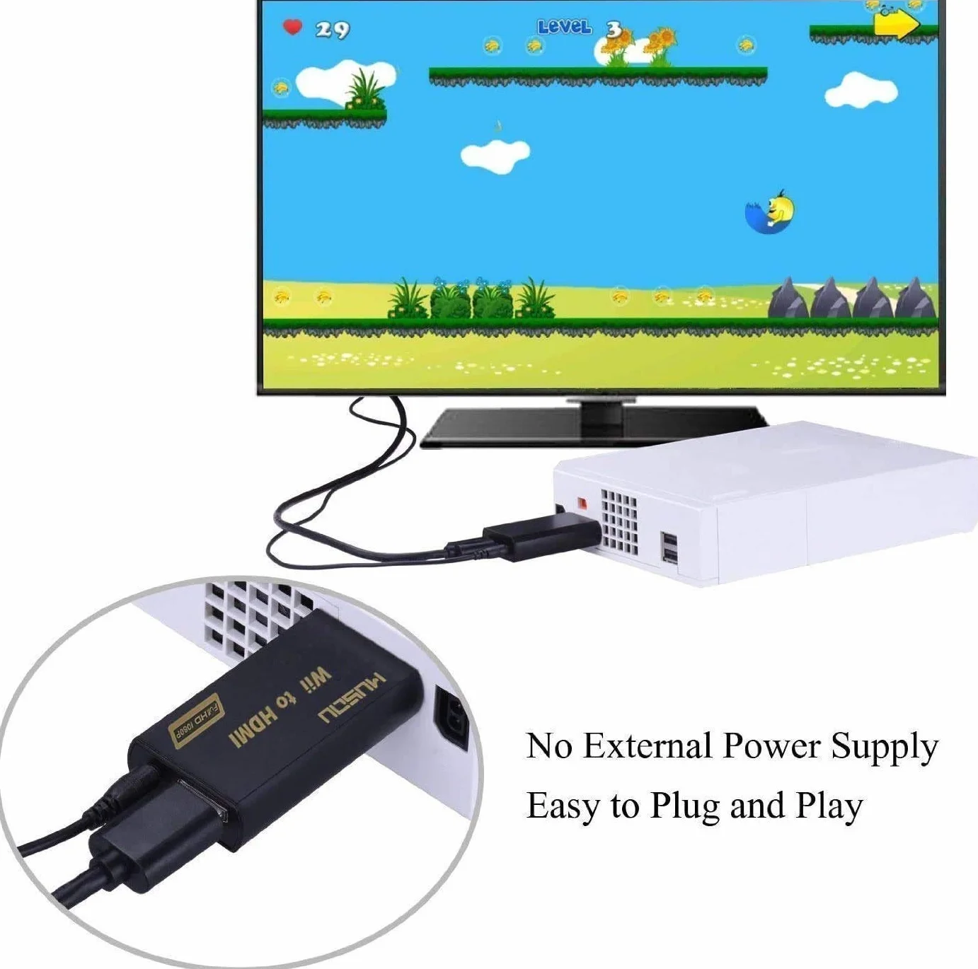 Musou Adapter Wii na HDMI 1080P/720P HD Konwerter z 3,5 mm Wyjście Audio Stereo do Nintendo HDTV