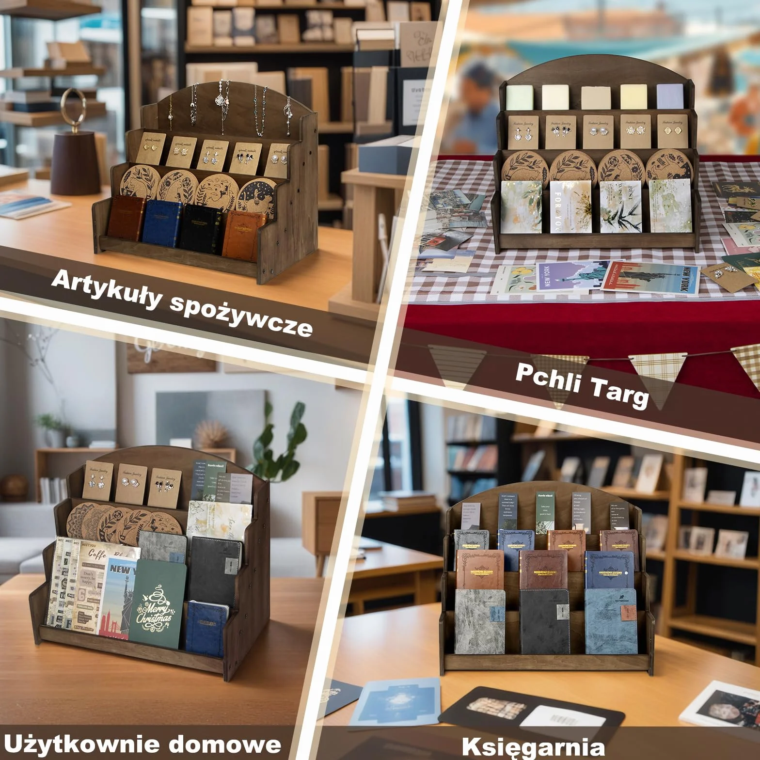 PUERSI Houten Standaard voor Wenskaarten, Organizer en Opbergstandaard voor Ansichtkaarten en Stickers, Stojak na karty, stojak na kartki pocztowe, 4-Lagen Display voor Kaarten Brązowe