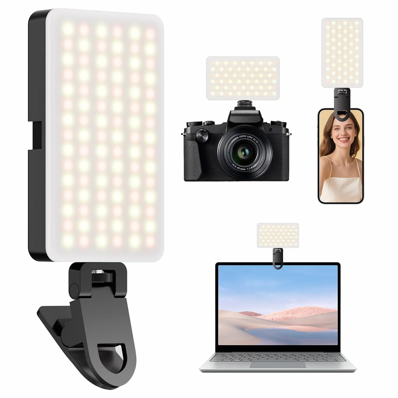 90 LED Przenośne światło Wypełniające z 3 Trybami świecenia i 10 Poziomami Jasności, CRI 95+ Akumulatorowe światło do Selfie o Mocy 1800mAh z Klipsem, do Telefonu, Laptopa, Aparatu