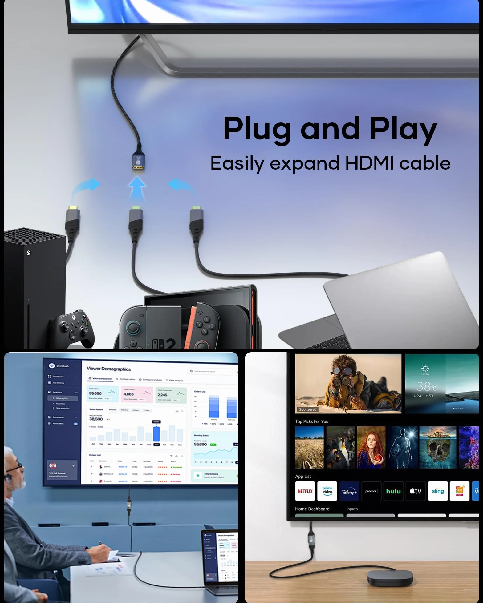Kabel przedłużający HDMI 0,2 m, Kabel HDMI 2.1, męski na żeński, HDMI 8K, 60 Hz, 4K, 144 Hz, 48 Gb/s, UHD, eARC HDCP 2.3, kompatybilny z TV Stick Roku, Xbox PS5, PS4 HDTV