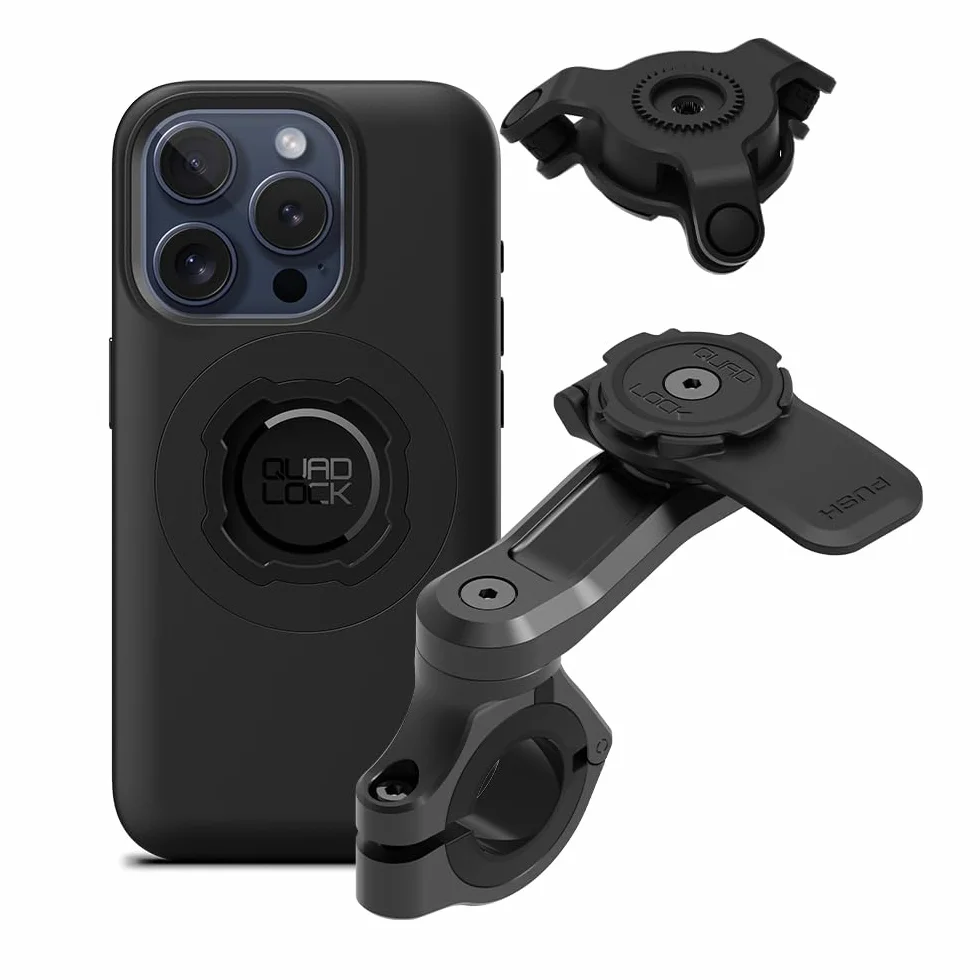 Quad Lock Kierownica Motocyklowa Uchwyt Telefonu PRO Zestaw z Amortyzatorem Drgań i iPhone 15 Pro MAG Etui
