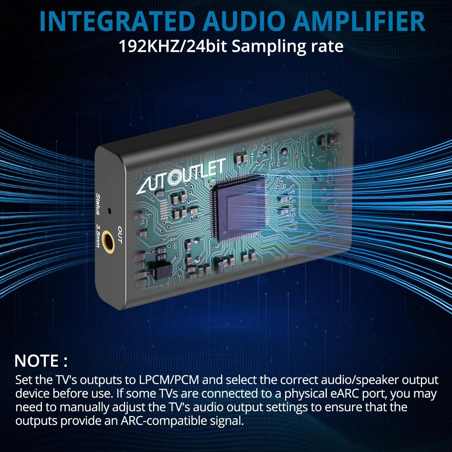 AUTOUTLET Ekstraktor audio HDMI ARC, 192 kHz HDMI Audio Splitter 3,5 mm stereo wyjście audio, adapter ARC z kablem 1M 3,5 mm do RCA, do wzmacniacza, soundbara, systemu kina domowego itp