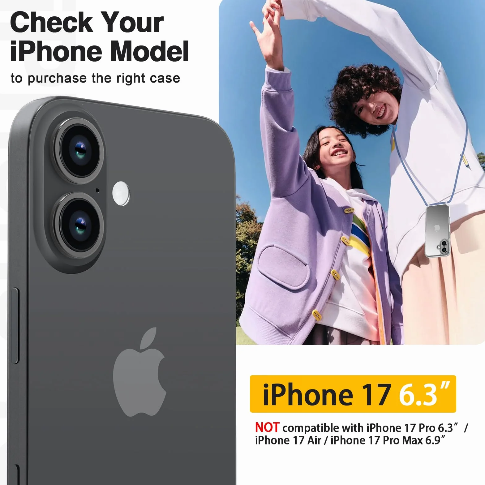 GOODVISH Łańcuszek na telefon komórkowy do iPhone 17 z paskiem, chroniący aparat i ekran, etui na telefon z łańcuszkiem, przezroczywe etui z paskiem do zawieszenia, 6.3", niebieskie