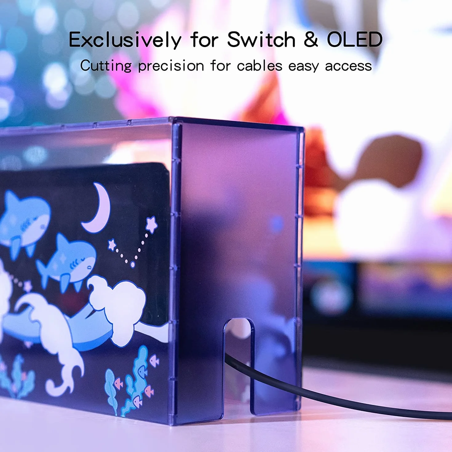 GeekShare Uroczy rekin akrylowa przezroczysta osłona przeciwpyłowa do Nintendo Switch OLED stacji dokującej, wodoodporna obudowa