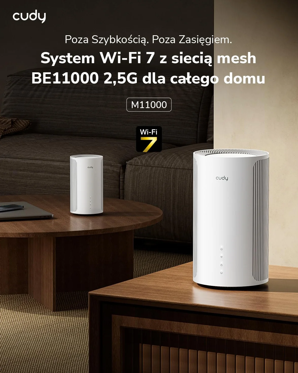 Cudy Tri-Band WiFi 7 BE11000 Whole Home Mesh System, 6-Stream 10 Gb/s, 4 porty 2,5G, MU-MIMO, Multi-VPN, Cudy APP, inteligentne anteny wewnętrzne, M11000 1-pak