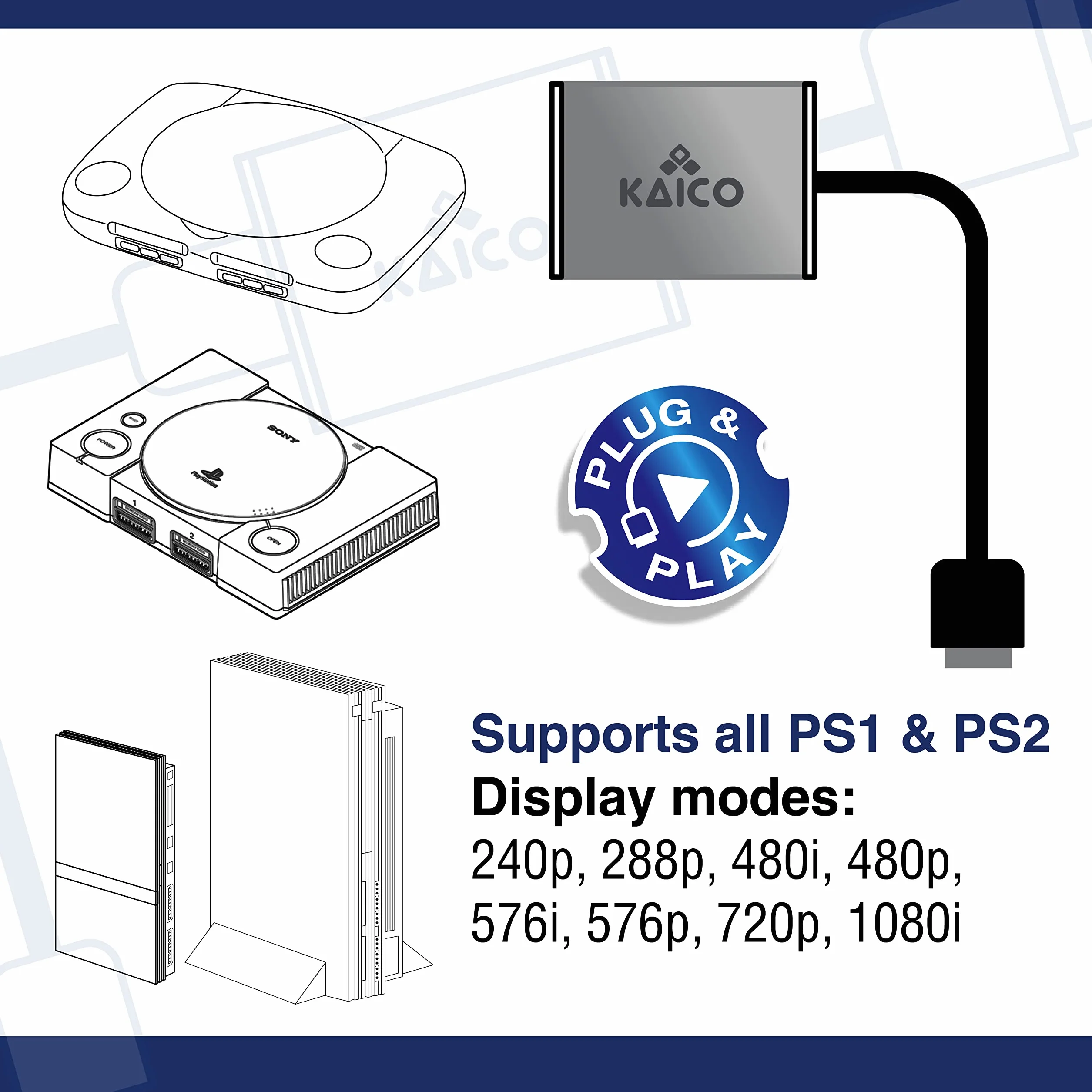 Kaico PS1 HDMI Adapter/PS2 HDMI Adapter compatible with all Sony Playstation 2 Models- Built in switch to swap between RGB or Component- PS1 & PS2 to HDMI converter for any HDTV