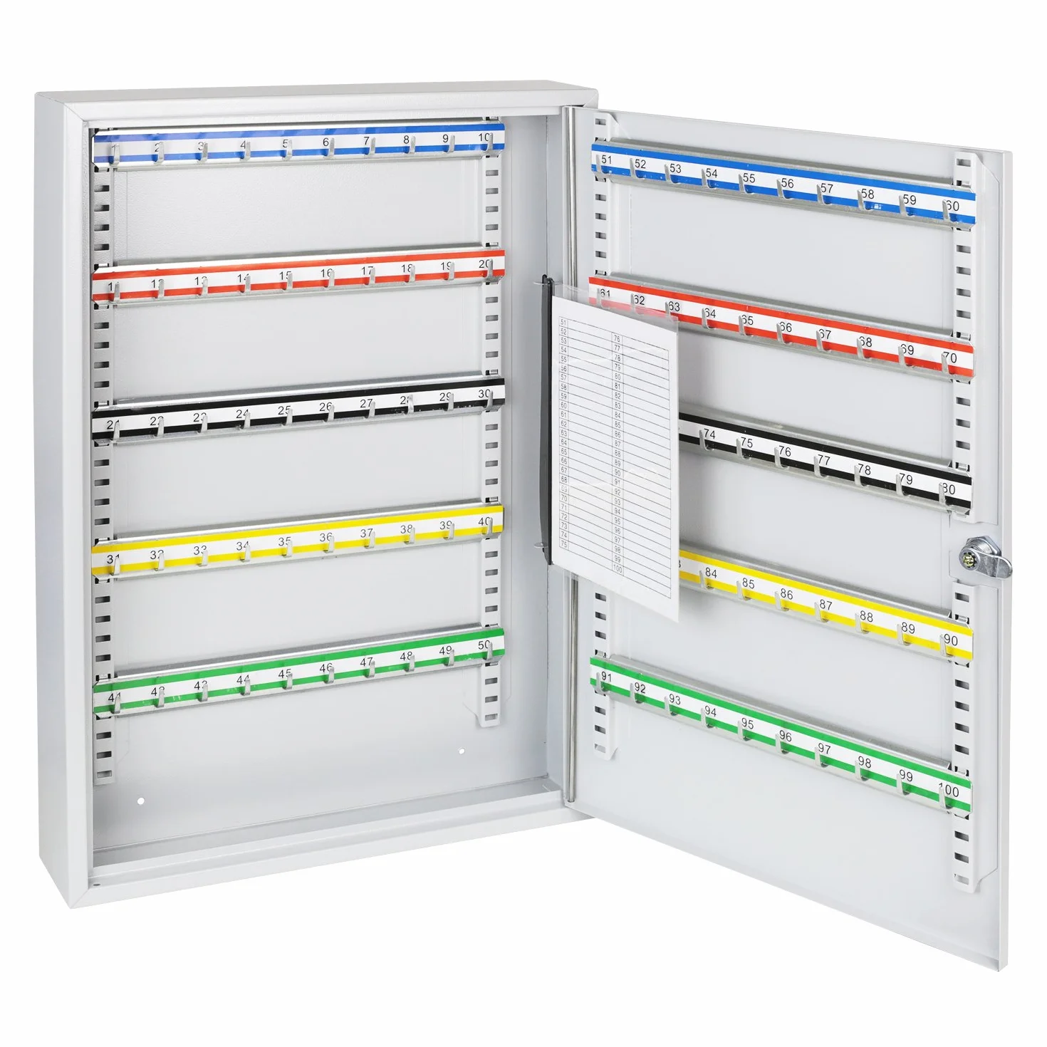HMF 135100-07 szafka na klucze, 100 haczyków, regulowane listwy z haczykami, 55,0 x 38,0 x 8,0 cm, jasnoszara