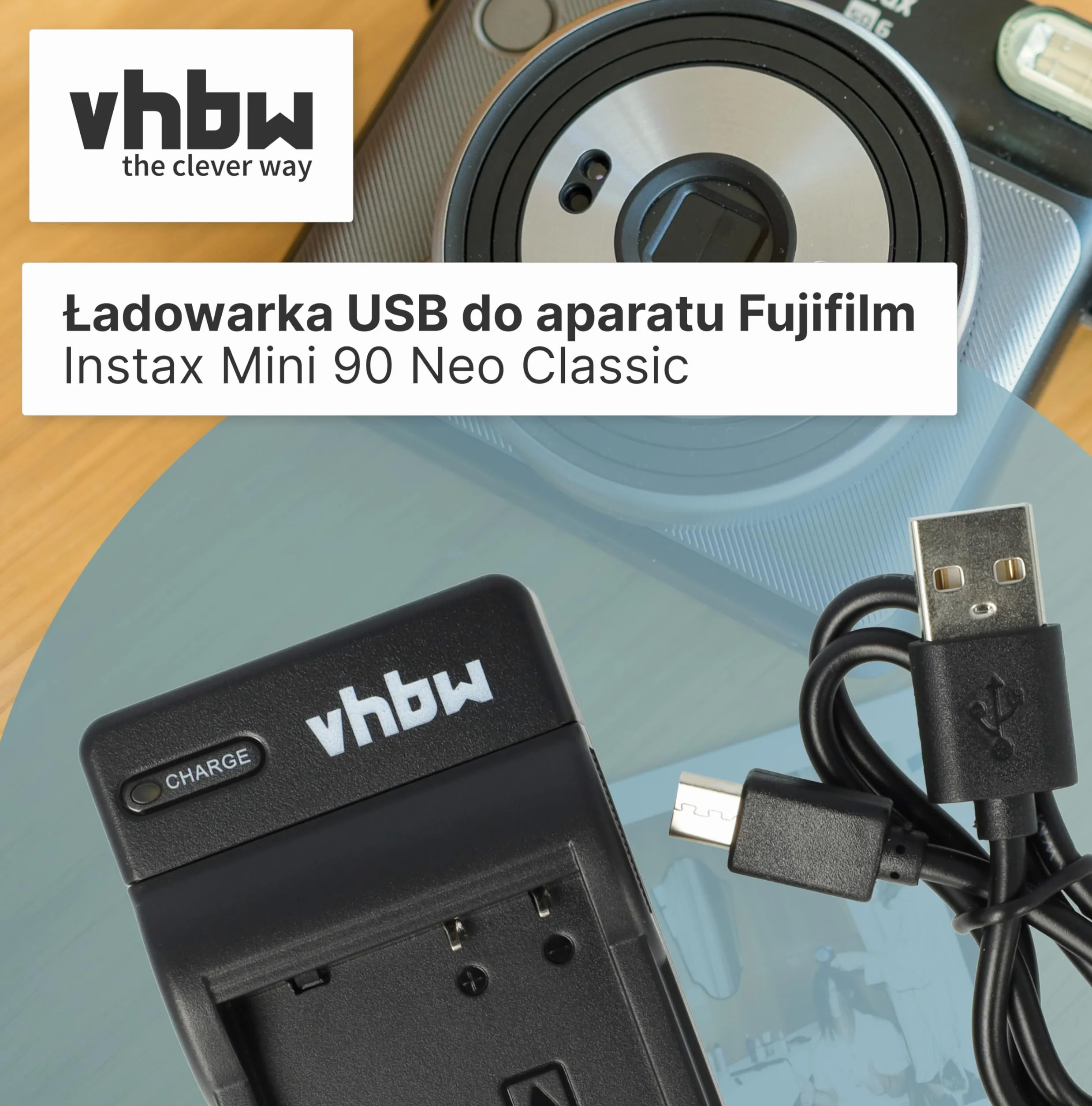 vhbw Ładowarka kompatybilna z Fujifilm Instax 90 Mini Neo Classic, kamerą, baterią, stacją ładującą, wskaźnikiem poziomu naładowania