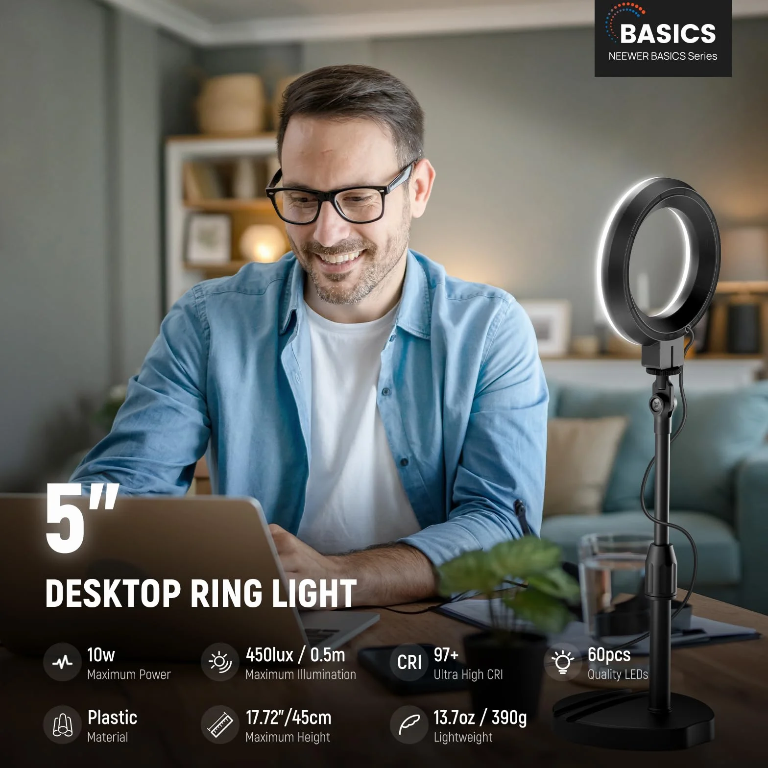 NEEWER BASICS Lampa pierścieniowa 5"/13cm do biurka z podstawą, uchwytem na telefon, 10W LED, lampa do selfie, kompatybilna z iPhone'em do nagrywania wideo, kamery internetowej, wideokonferencji