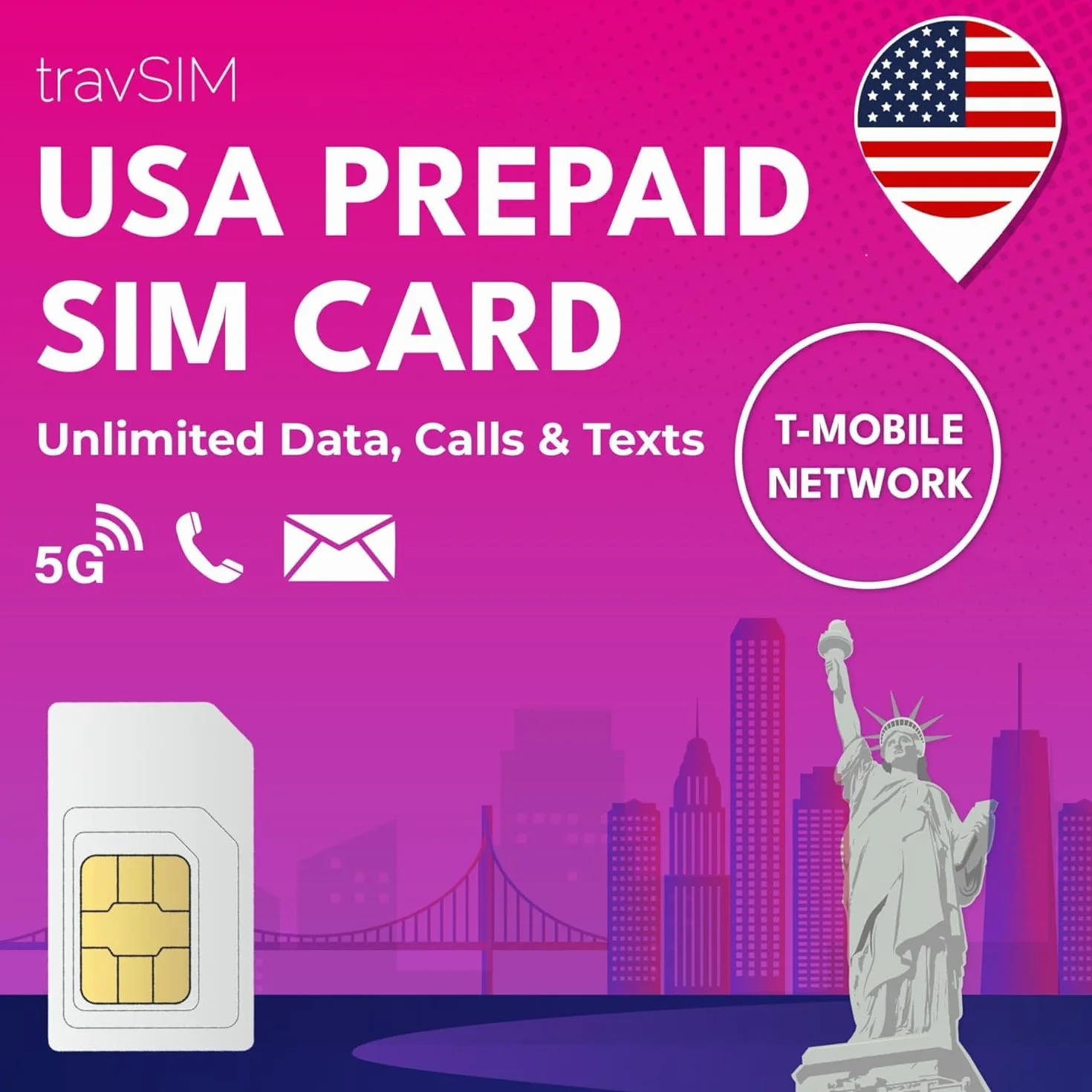 travSIM USA karta SIM | T-Mobile Network | nieograniczone dane, połączenia i wiadomości tekstowe w USA | karta SIM USA działa na urządzeniach z systemem iOS i Android | SIM USA 21 dni
