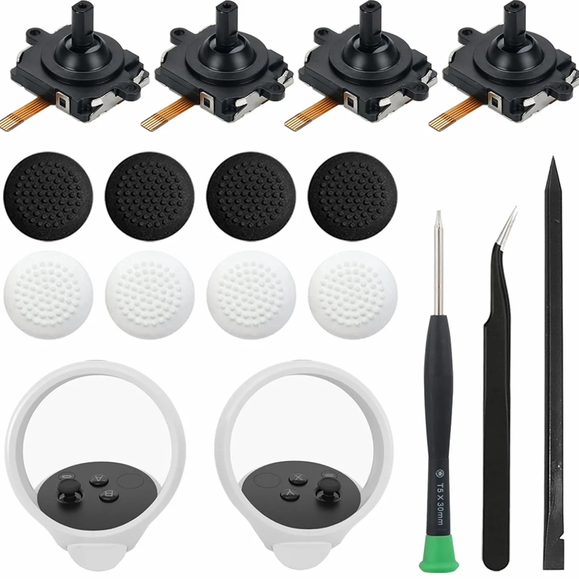 4-pak zamienników modułu joysticka do kontrolera Oculus Quest 2 / kontrolera Meta Quest VR, lewy i prawy analogowy moduł czujnika sterowania kciukiem z nakładkami joysticka DIY i narzędziami