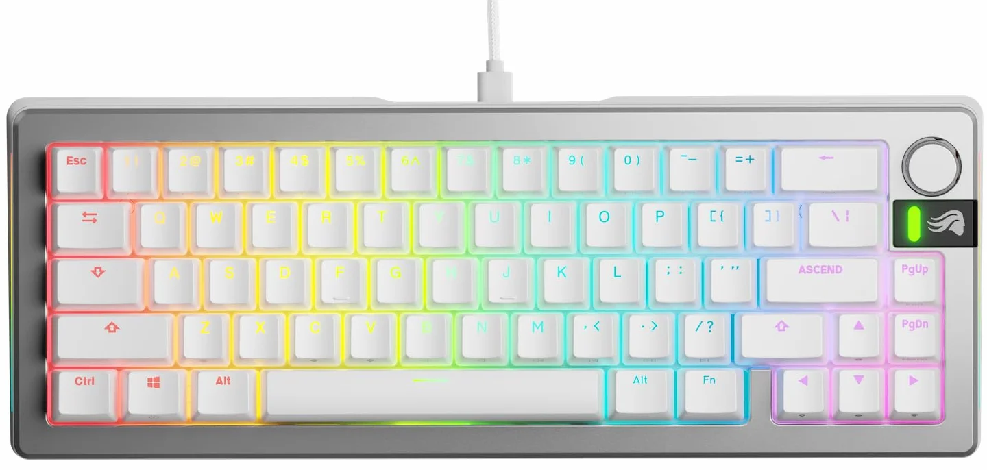 Glorious Gaming GMMK 3 PRO: klawiatura mechaniczna, compact 65%, aluminiowa obudowa i system uszczelek, przełączniki MX z hot swap, pianka dźwiękochłonna, amerykański QWERTY - Srebrna