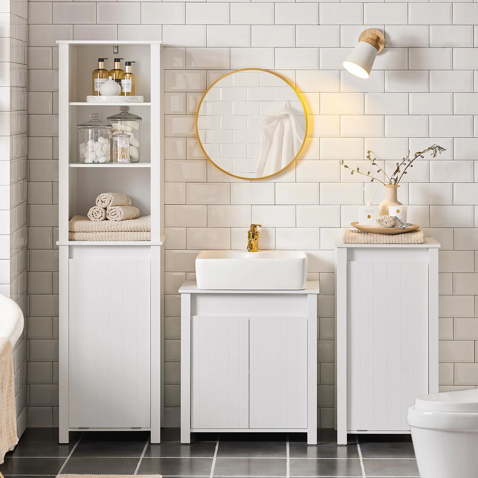 SoBuy BZR101-W Stojąca Szafka Pod Umywalkę Łazienkowa Komoda Kosz na Pranie Biały 60x34x65.5 cm