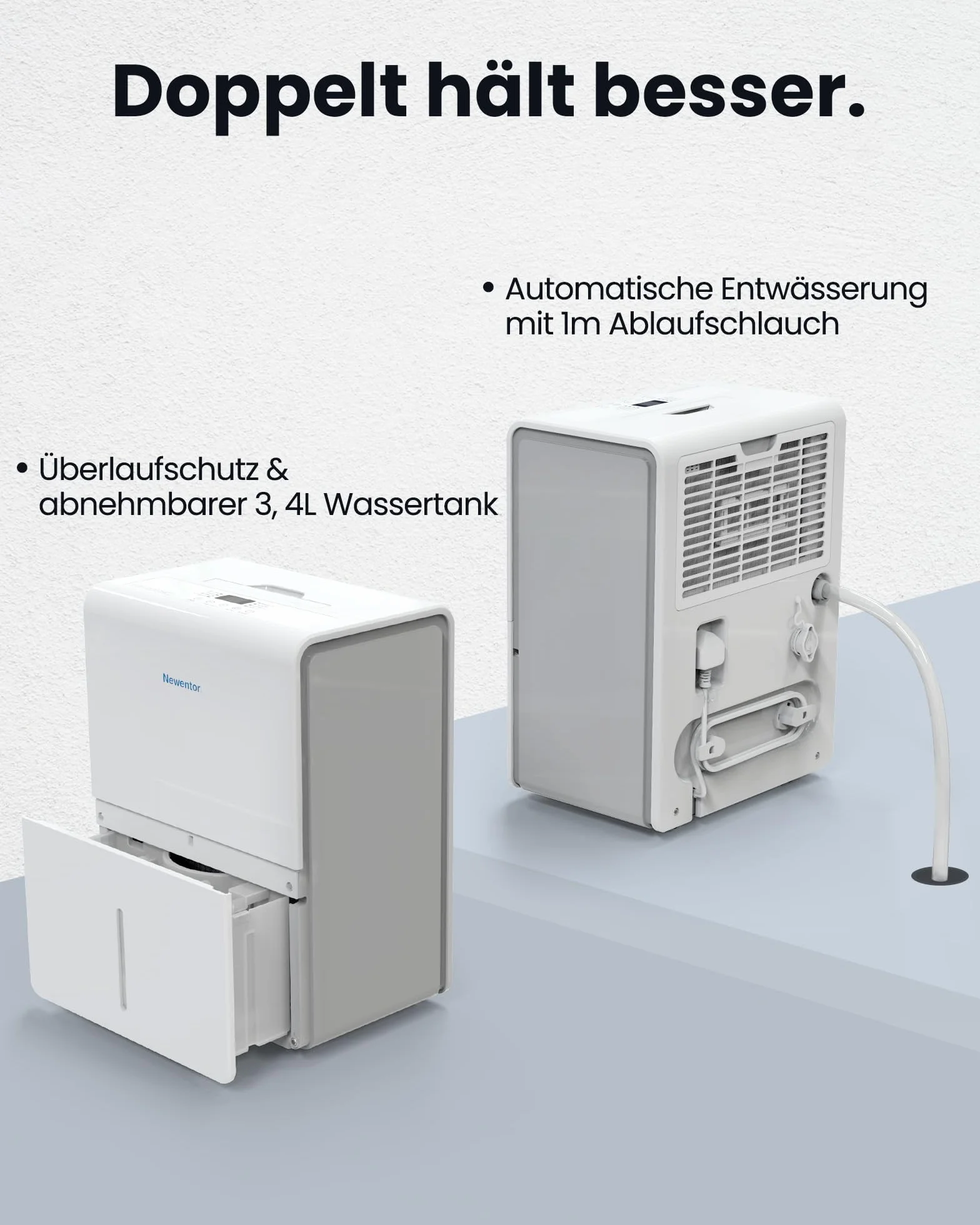 Newentor Osuszacz powietrza 25 l/24 h, do pomieszczeń 215 m³/80 m² – 3-krotna redukcja hałasu – energooszczędny chip – łatwa obsługa – z wężem odpływowym 1 m i zdejmowanym filtrem, timer