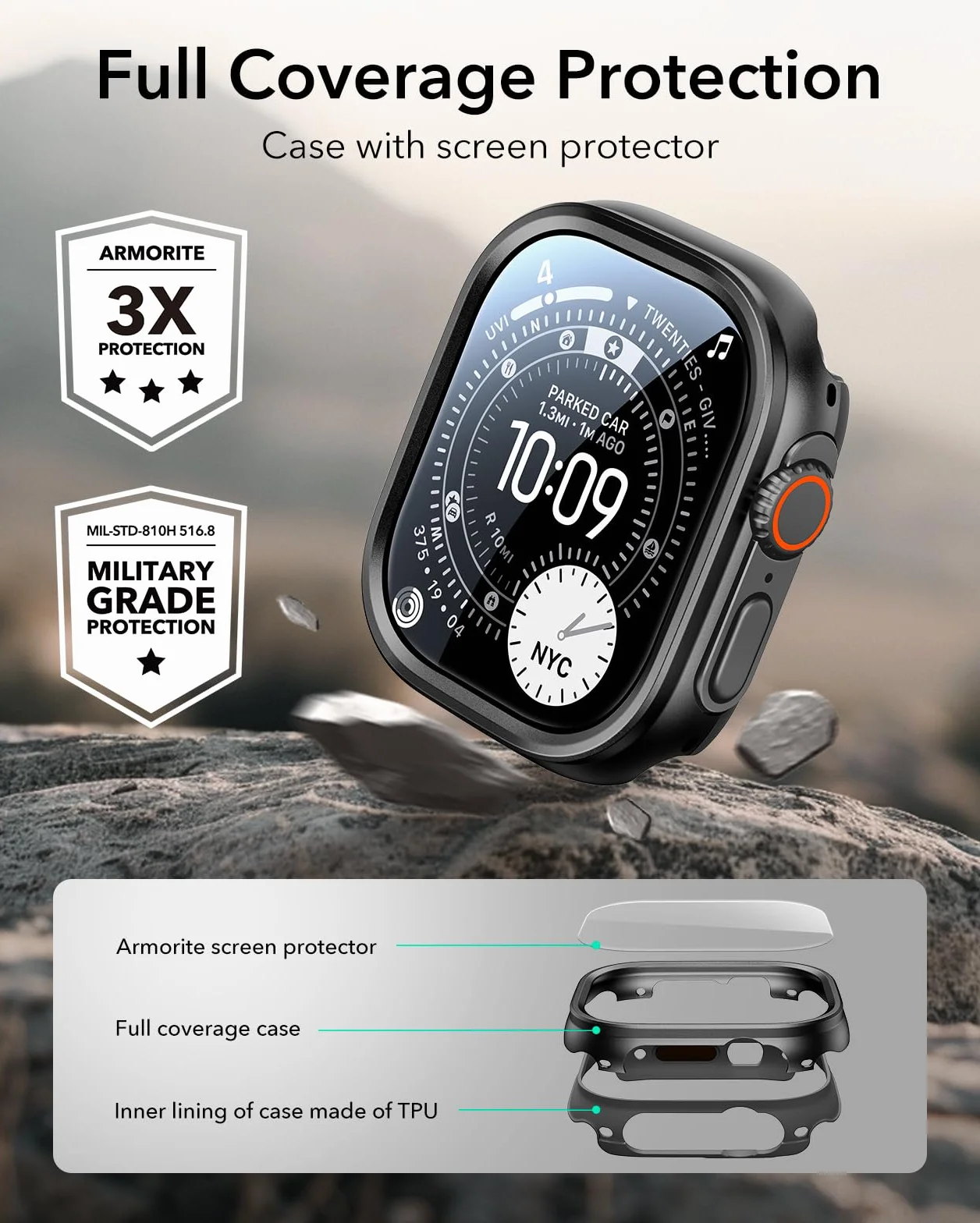 ESR Etui do Apple Watch Ultra 3/2/1 z osłoną ekranu 49 mm (2025/2024/2023/2022), ochrona klasy wojskowej, obudowa ze stopu aluminium z 2 szt. ochraniaczy ze szkła pancernego, Stay Original, czarne