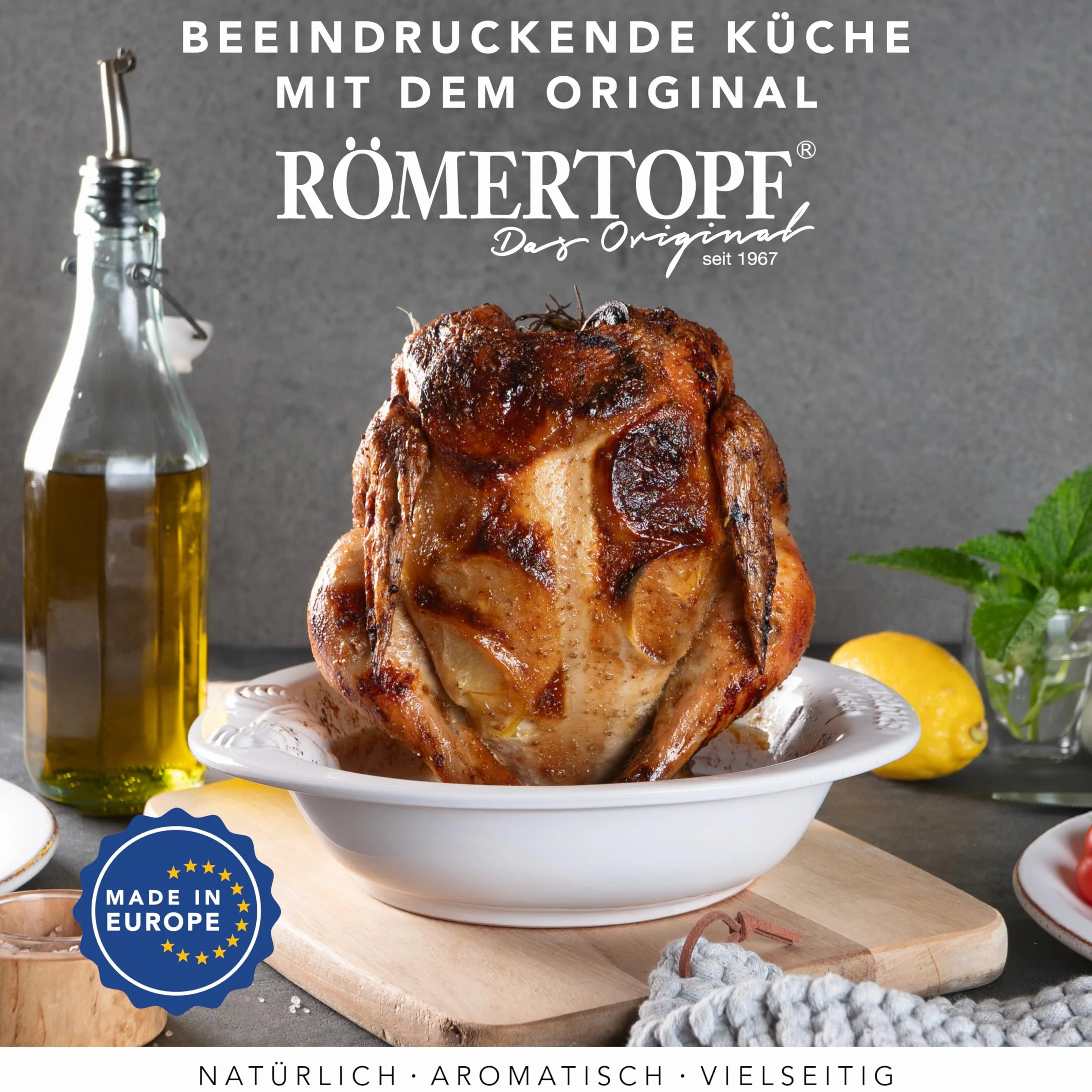 Römertopf pieczenie kurczaka Chiko uchwyt na kurczaka z pojemnikiem na aromat z naturalnej gliny białej, Ø 25,0 cm