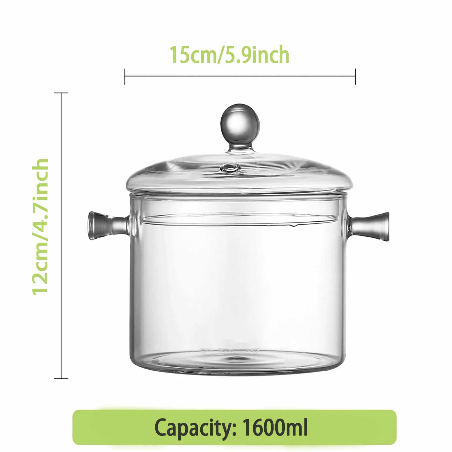 Szklany garnek 1400 ml z pokrywką odporny na wysokie temperatury przezroczysty z podwójnym uchwytem