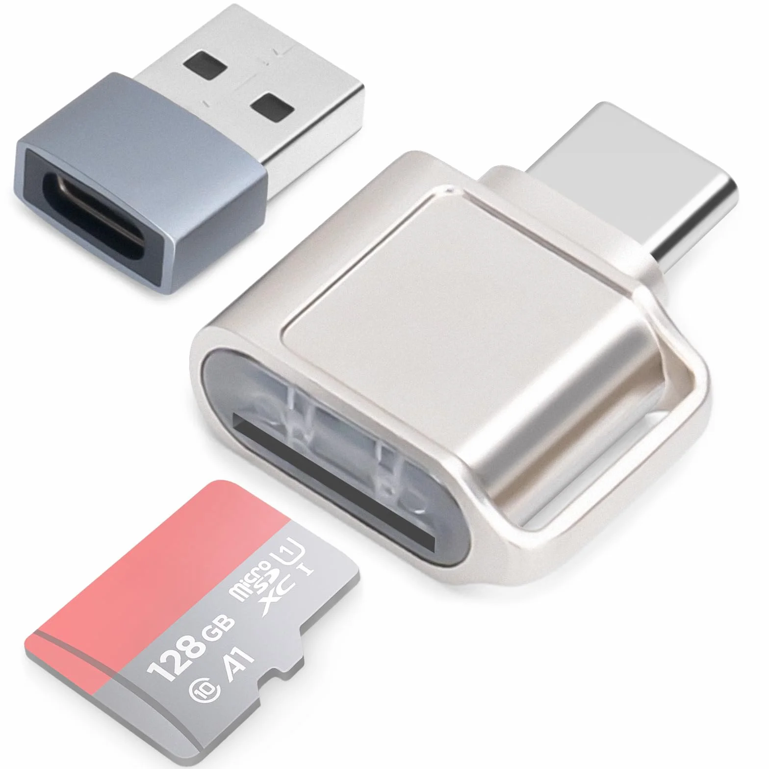 Czytnik kart TF, czytnik kart Micro SD, adapter kart pamięci TF typu C z adapterem USB C na USB kompatybilny z laptopem, MacBookiem, Samsung Galaxy (srebrny)