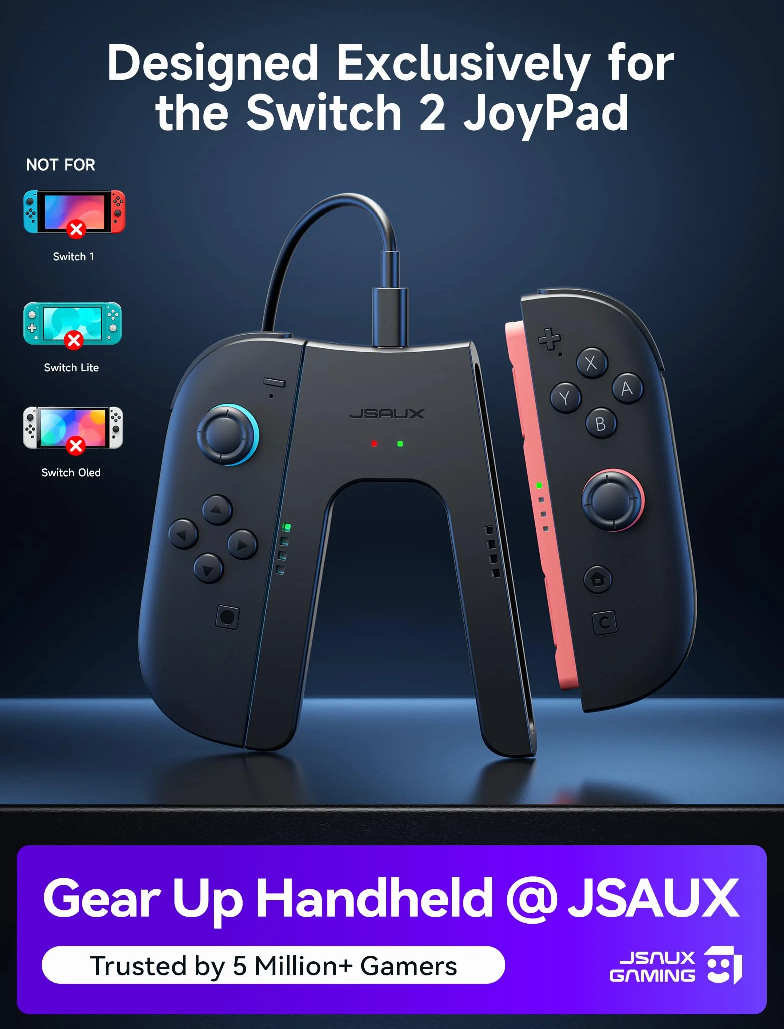 JSAUX Uchwyt ładujący do Switch 2, kontroler z magnetycznym uchwytem kompatybilny z JoyPad Switch 2, graj podczas ładowania ze wskaźnikiem LED i kablem ładującym 1,5 m – czarny