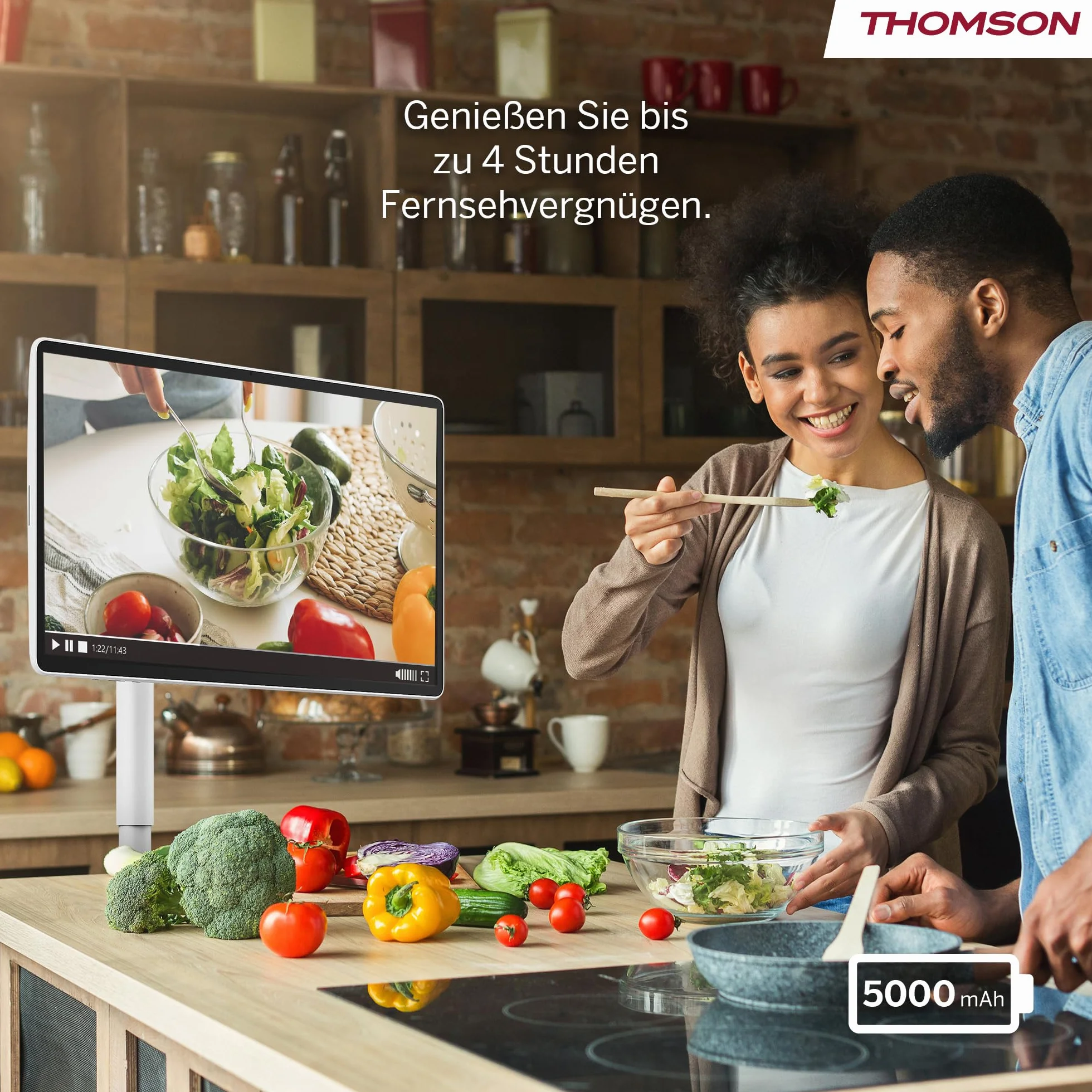 Thomson Go Plus Pro 27-calowy (69 cm) Inteligentny Ekran Dotykowy FHD, Android, Sterowanie Głosowe, Hotspot, Kamera 5MP, Subwoofer, WiFi 6, Bluetooth, 4 Godziny Baterii, Przenośny Stojak - 27FE7M45