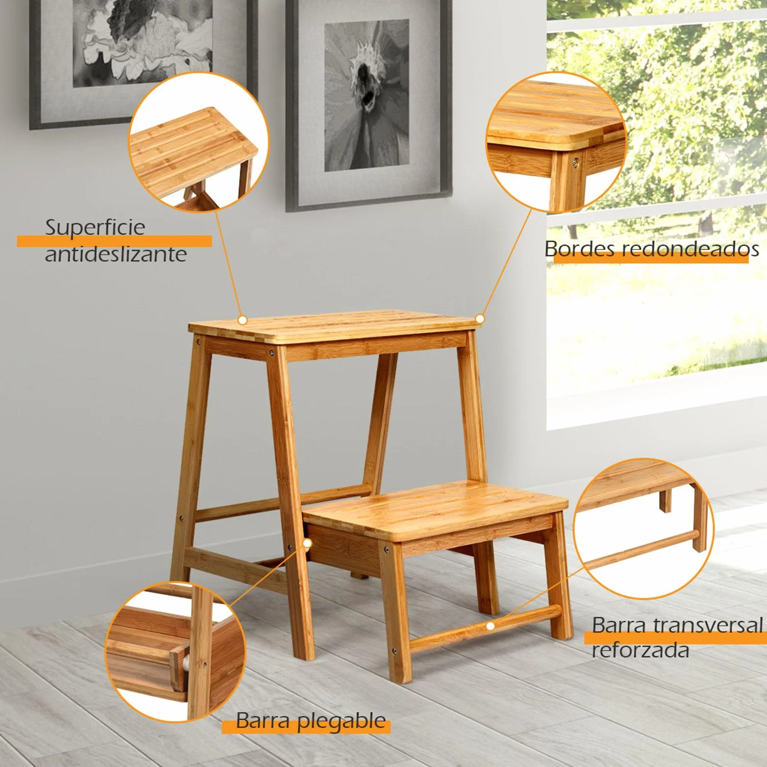 COSTWAY 2-stopniowy taboret składany, krzesło drabinkowe do 100 kg, 48 cm, bambus
