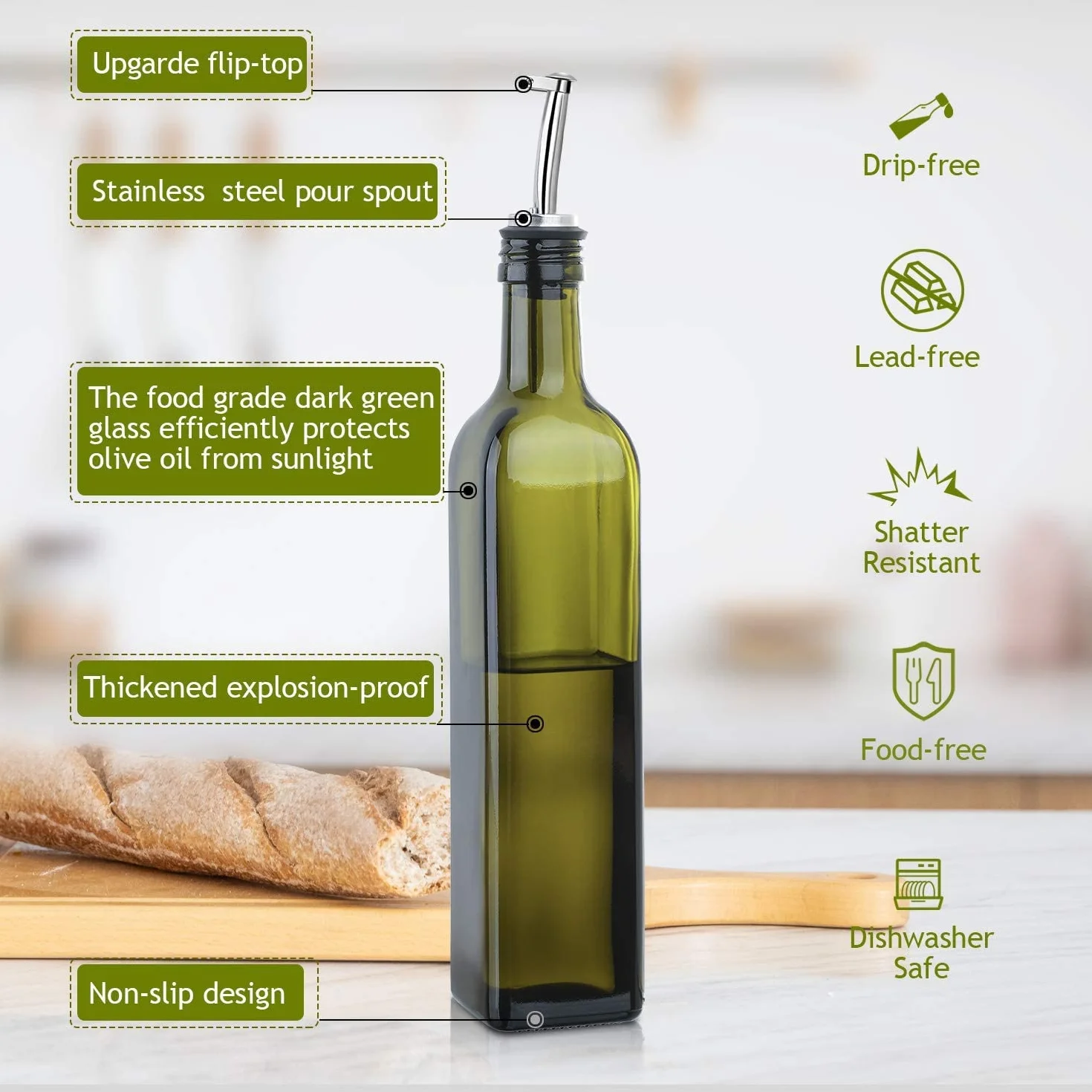 Aozita D6-G-UK Butelka na Oliwę, Zielony/Biały, 500 ml