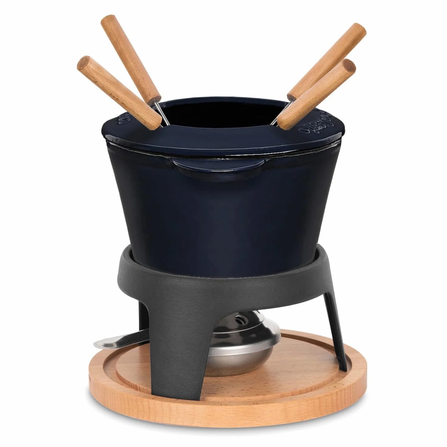 Żeliwny zestaw do fondue 4-osobowy 1,2 L z drewna bukowego