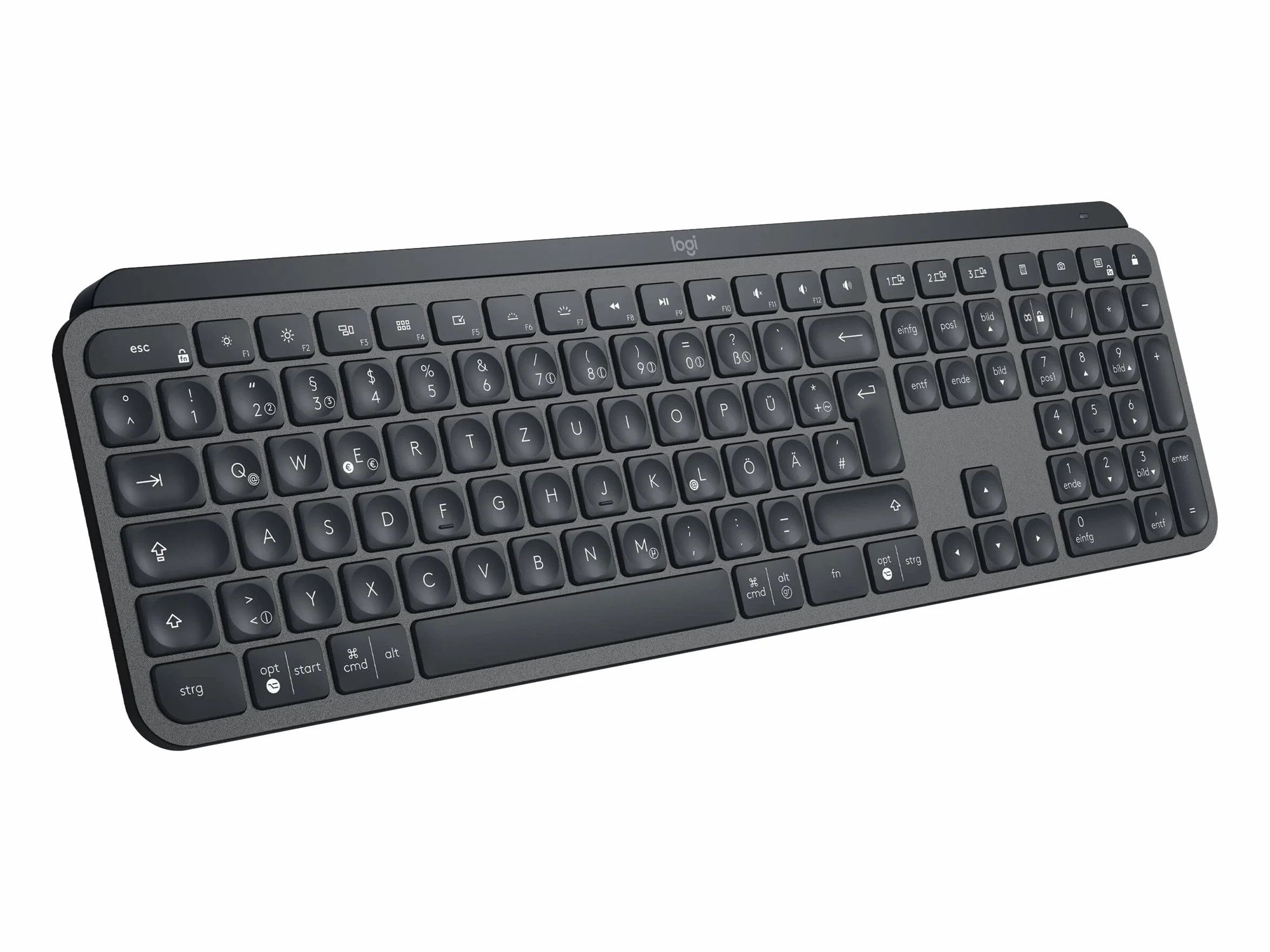Logitech MX Keys bezprzewodowa klawiatura, odbiornik Bluetooth i USB, złącze USB-C, czas pracy baterii 5 miesięcy, funkcja Easy-Switch, podświetlenie przycisków, PC/Mac, układ skandynawski - grafitowy