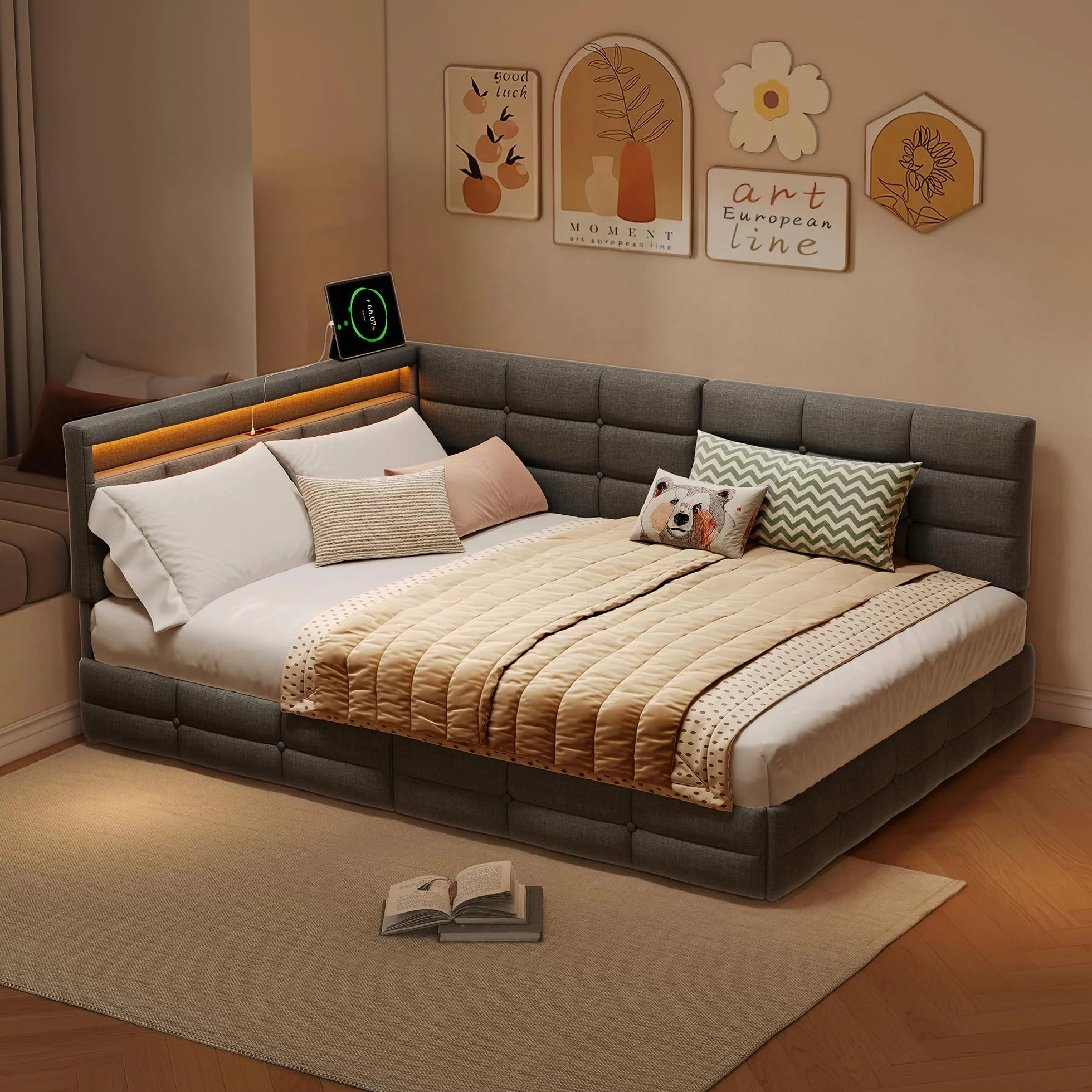 Łóżko tapicerowane, podwójne, 140 x 190 cm, z miejscem do przechowywania, łóżko dzienne, sofa z 2 szufladami, łóżko młodzieżowe z diodami LED i USB, łóżko funkcyjne ze stelażem, len, szare (szare, 140
