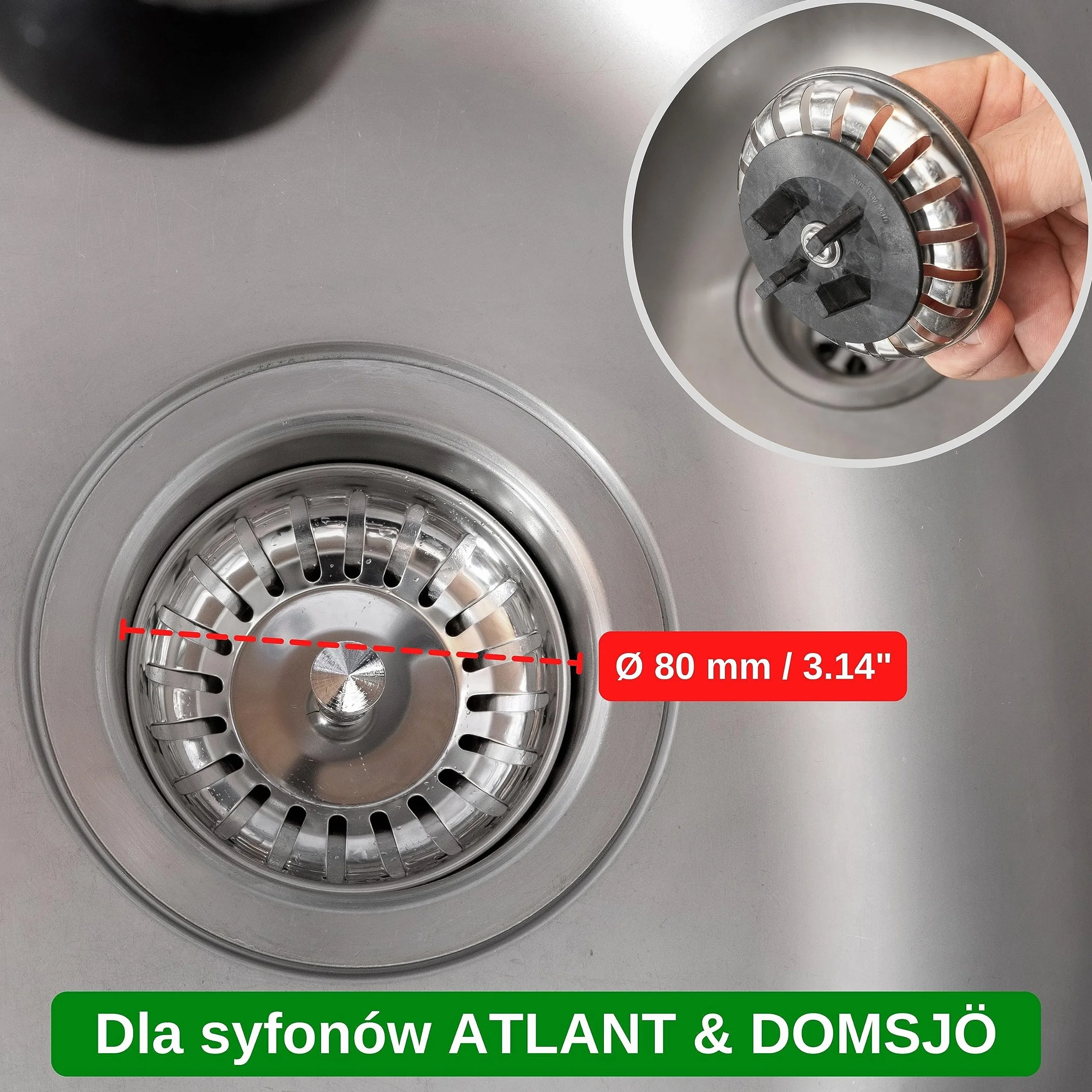 Filtr koszowy do zlewu Ø 80 mm kompatybilny z IKEA ATLANT DOMSJÖ ze śrubą montażową i nakrętką