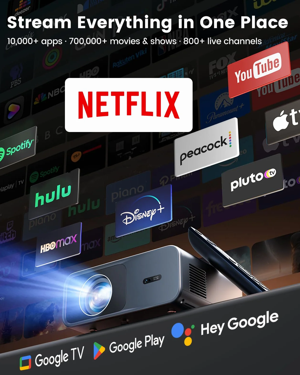 Projektor 4K z Google TV & Netflix/Disney+, Dolby Audio, 1000 ANSI Smart Beamer 4K autofokus, korekcja trapezowa, HDR10, sterowanie głosem, WiFi Bluetooth Full HD 1080p kino domowe/zewnętrzne HDMI ARC