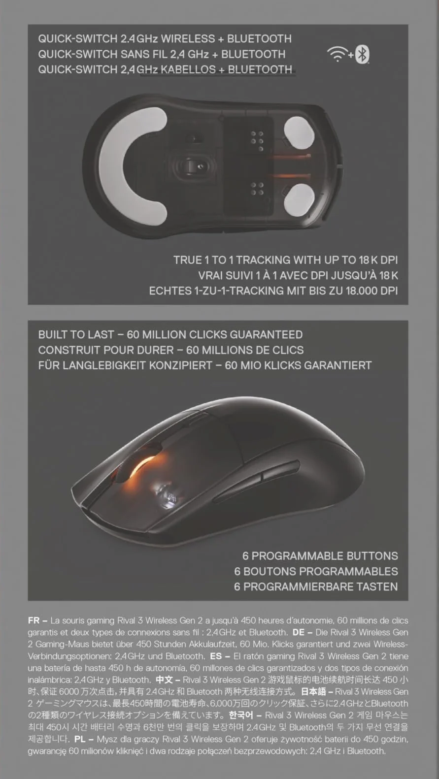 SteelSeries mysz do gier Rival 3 Wireless Gen 2 – 2,4 GHz i Bluetooth – Sensor optyczny TrueMove Air 18 000 DPI – Wytrzymała do 60 milionów kliknięć – Niska waga – Ślizgacze 100% PTFE - Czarna